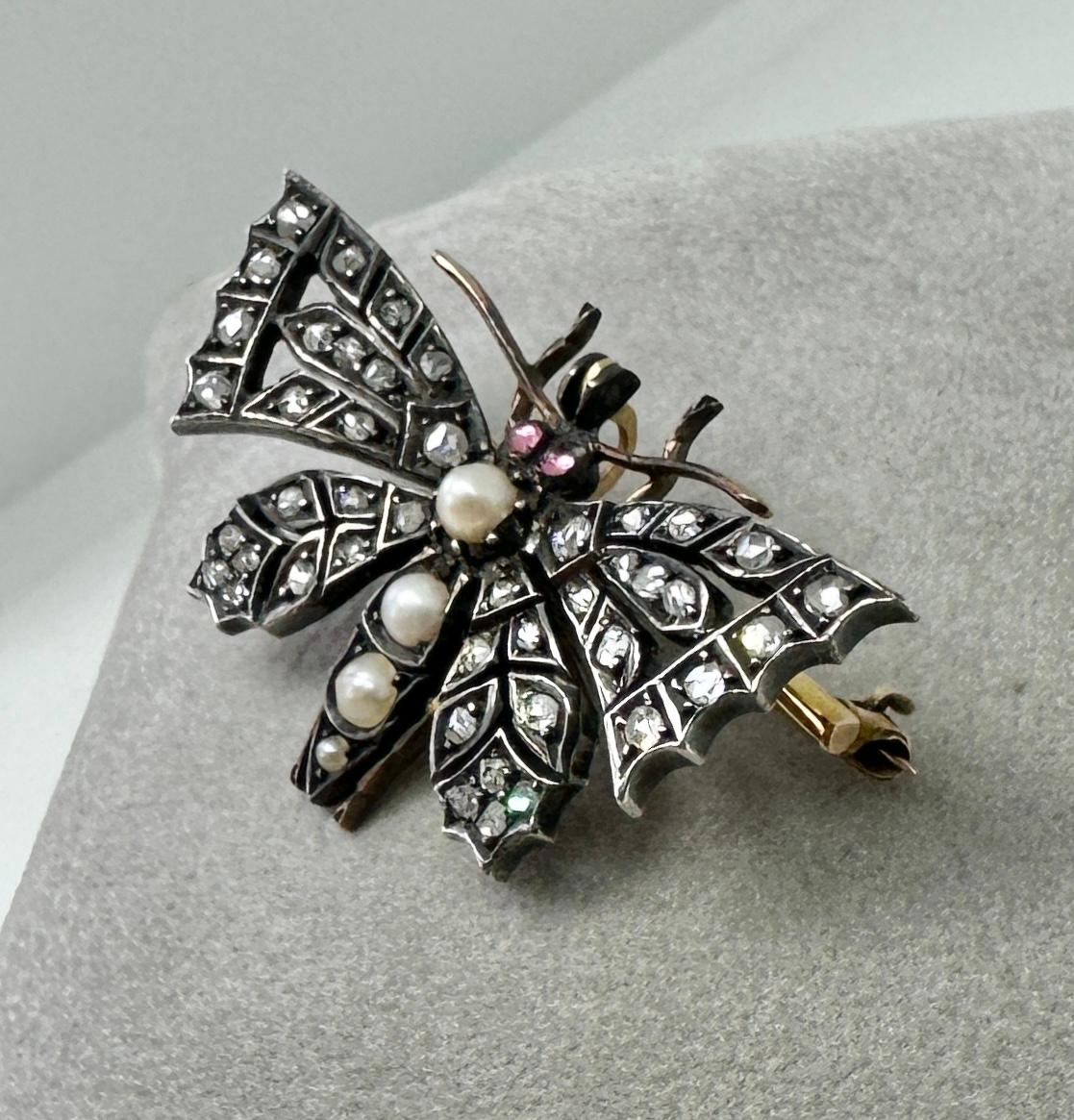 Antique Butterfly Rose Cut Diamond Ruby Pearl Pendant Brooch Necklace Victorian For Sale 1