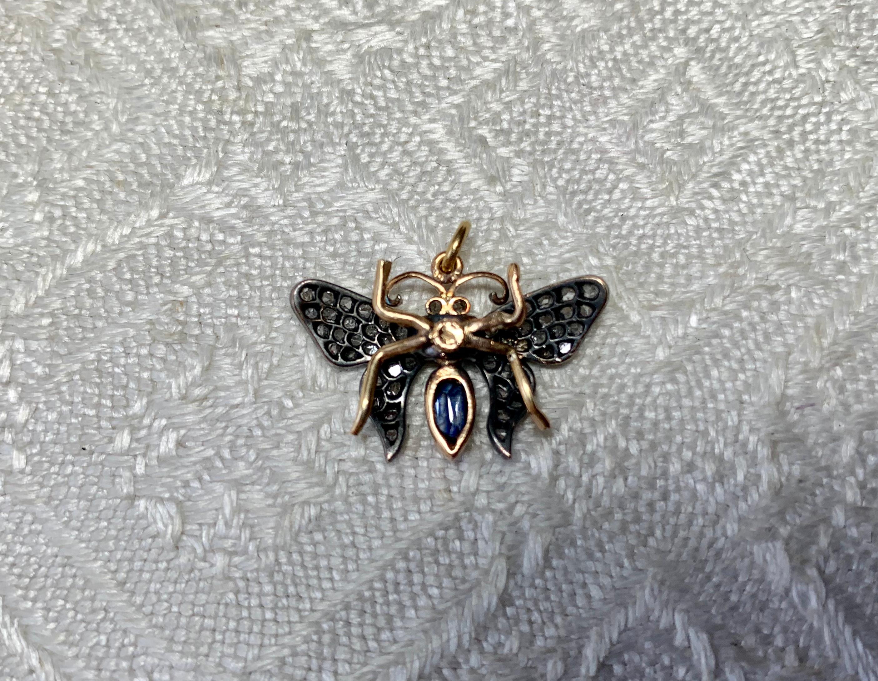 Antique Butterfly Rose Cut Diamond Sapphire Ruby Pendant Necklace Victorian In Excellent Condition In New York, NY