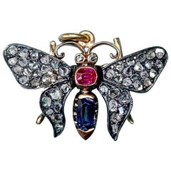 Antique Butterfly Rose Cut Diamond Sapphire Ruby Pendant Necklace Victorian