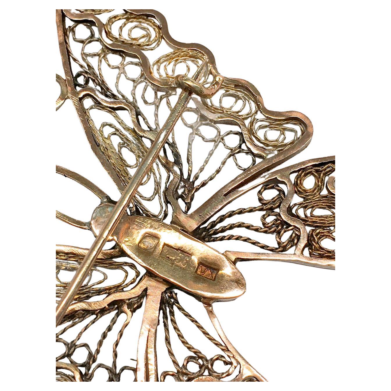 Antike russische Schmetterlingsbrosche aus Gold Damen im Angebot