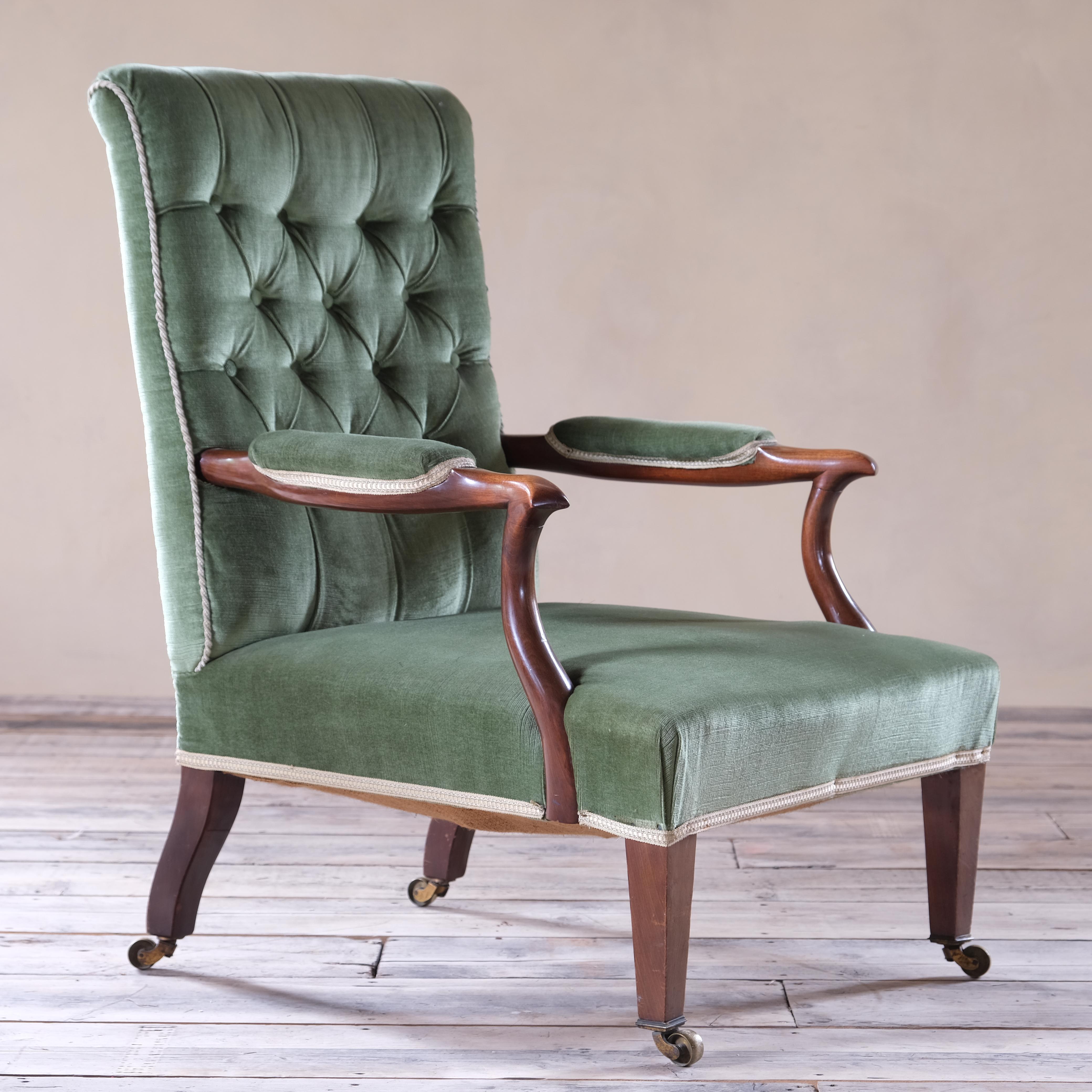 Late Victorian Antique Buttoned Back Open Armchair in Green Velvet C1900 For Sale