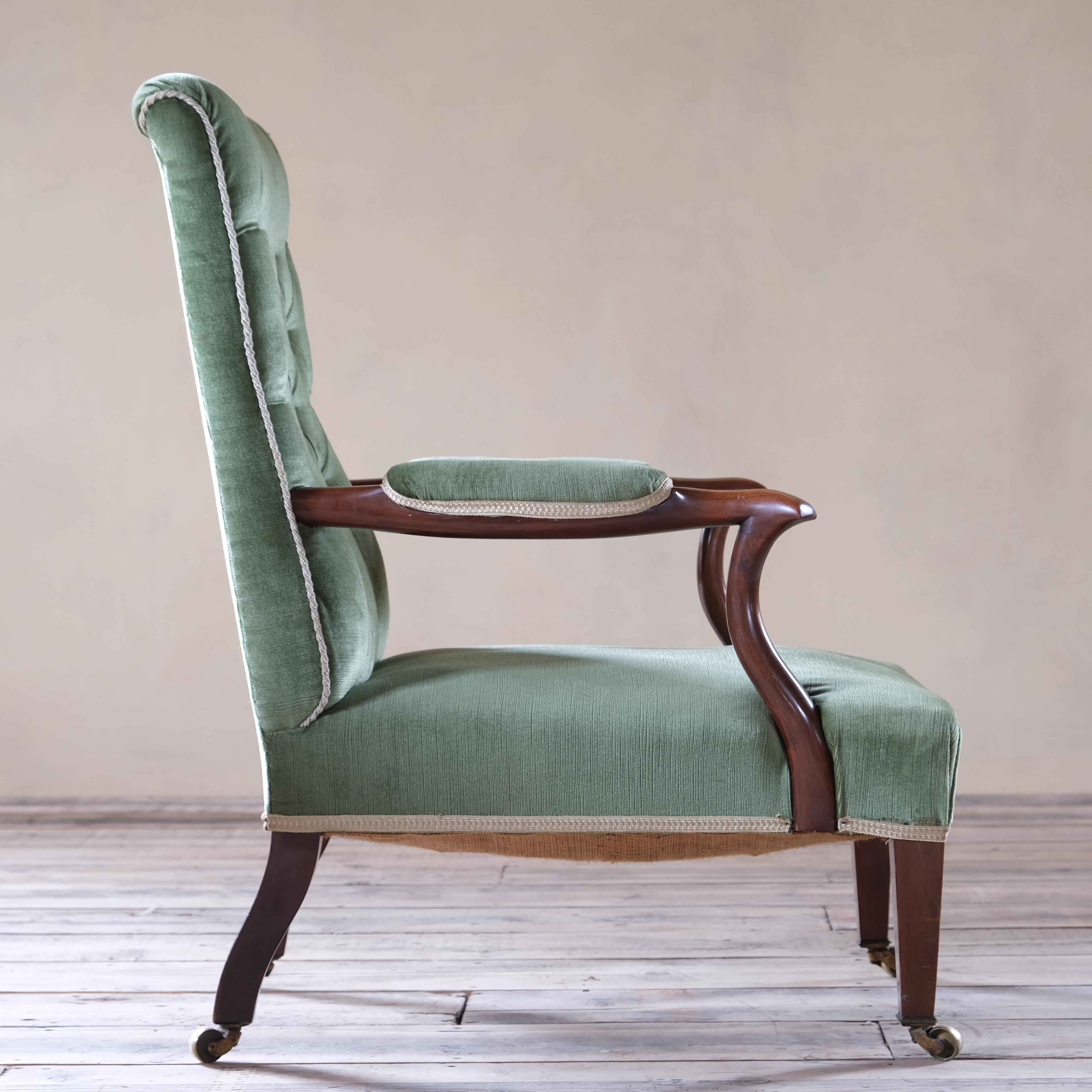British Antique Buttoned Back Open Armchair in Green Velvet C1900 For Sale