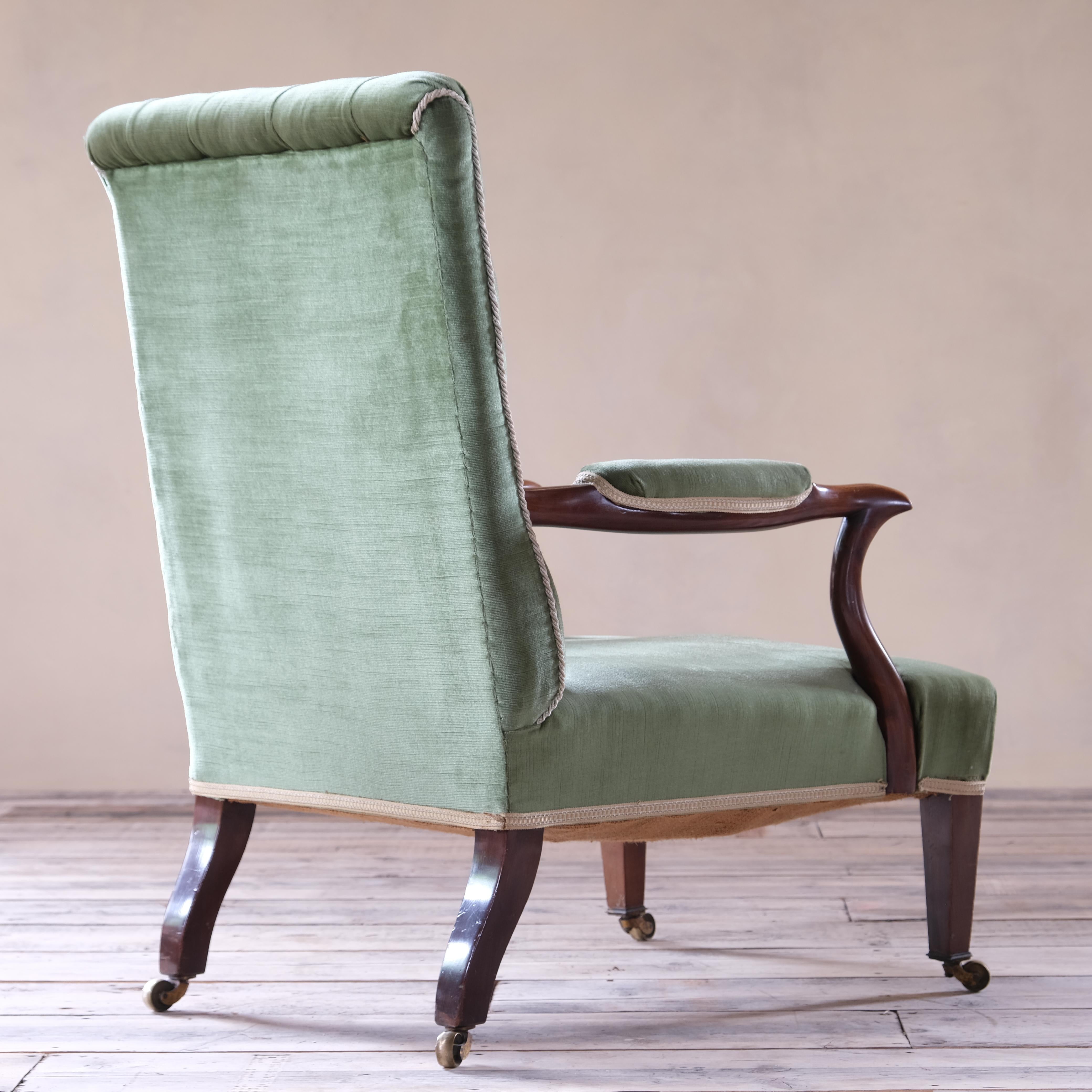 Antique Buttoned Back Open Armchair in Green Velvet C1900 In Good Condition For Sale In Batley, GB