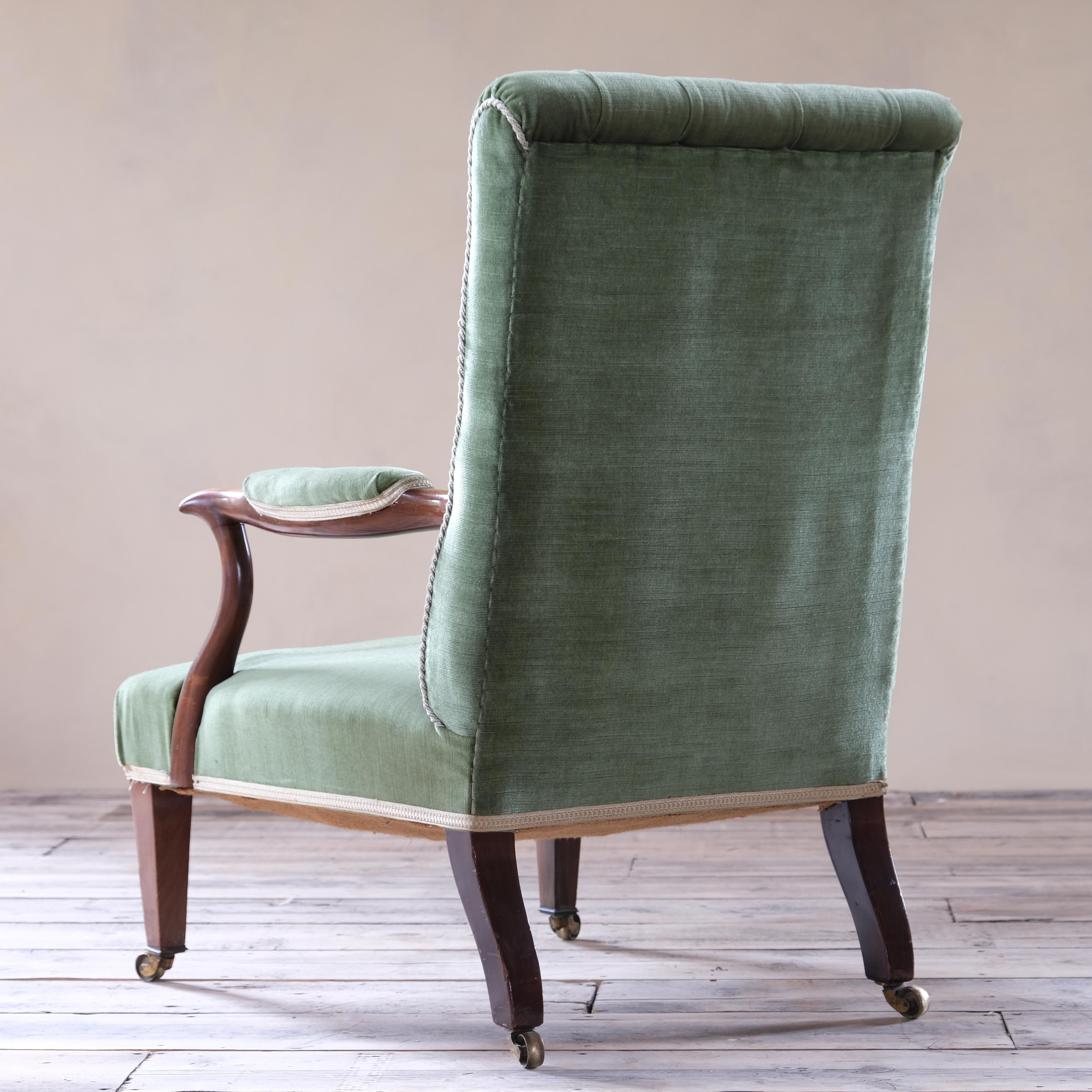 20th Century Antique Buttoned Back Open Armchair in Green Velvet C1900 For Sale