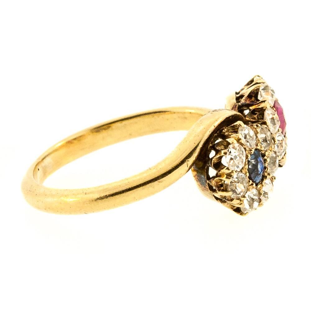 Romantic Antique Bypass Ruby Sapphire Diamond Ring