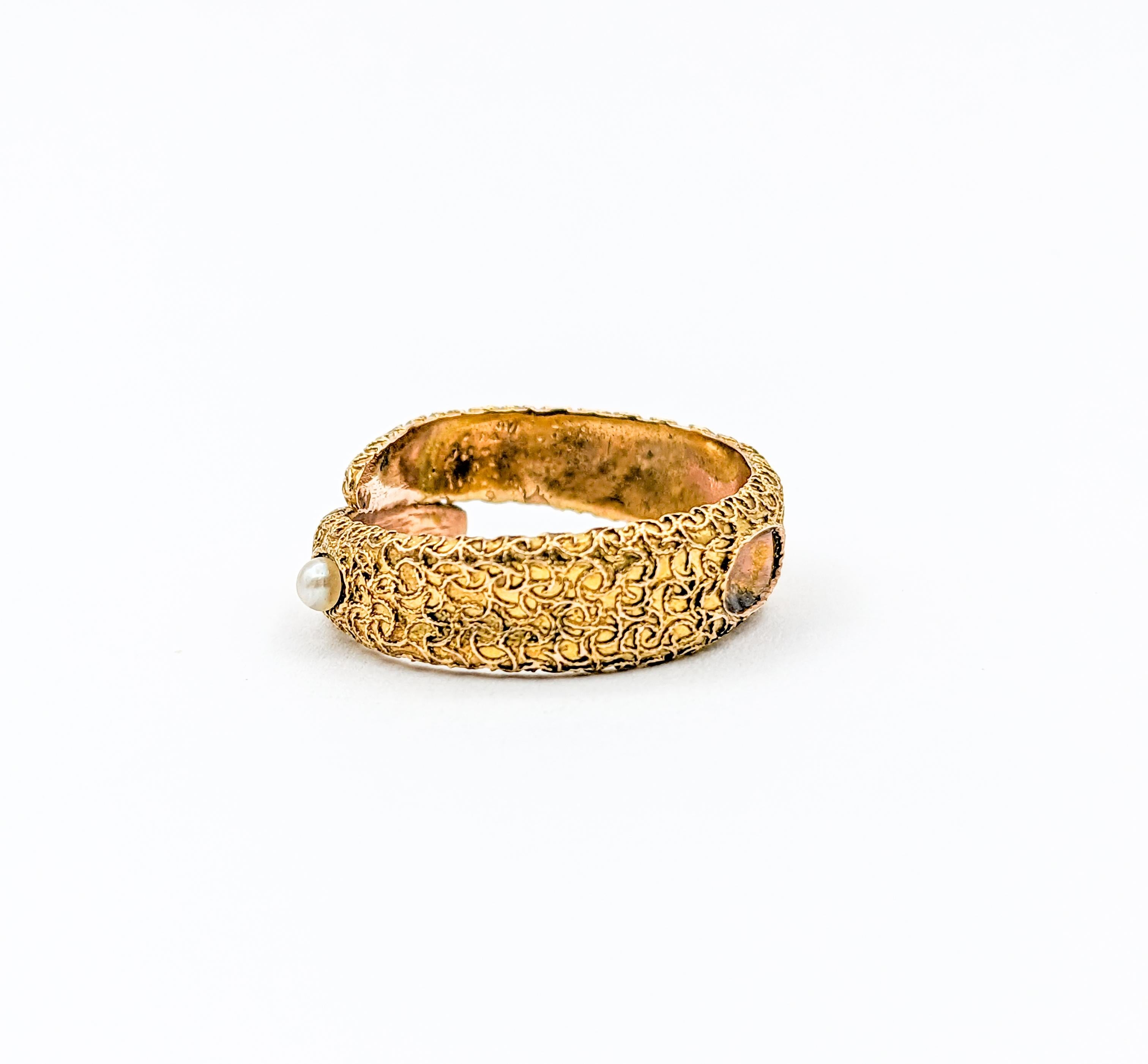 Antique Bypass Seed Pearl Coral Textured Ring For Sale 1
