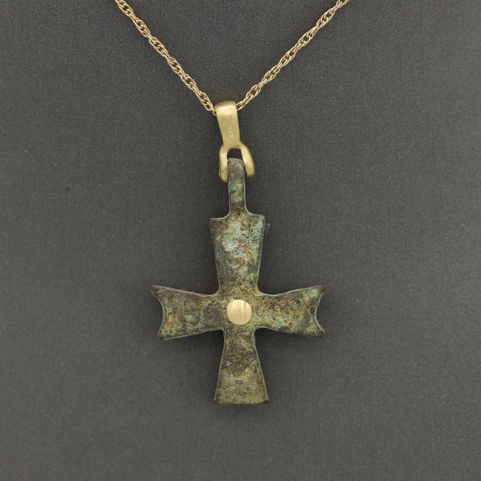 Magnificent piece of History - can be yours today !
Ancient Byzantine Period cross.
Hand set in Italy with 18k Yellow Gold.
Approx size 1' inch / 25 mm.
Cross is estimate from the 600-900 AD 
Rich Patina tone as a result of aged bronze.
Back side is