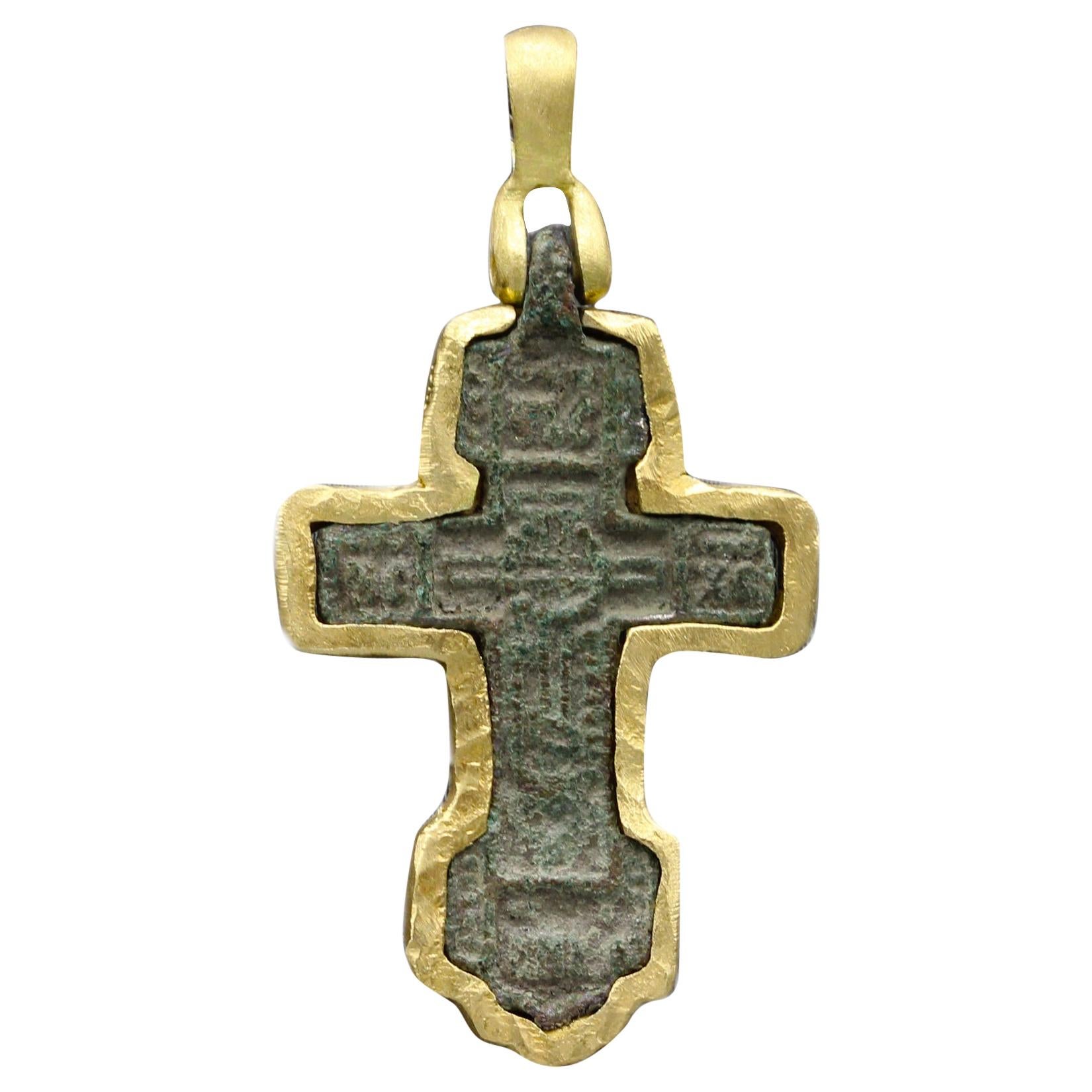 Antique Style Byzantine Cross Embedded in 18 Karat Yellow Gold Roman Cross (#12) For Sale