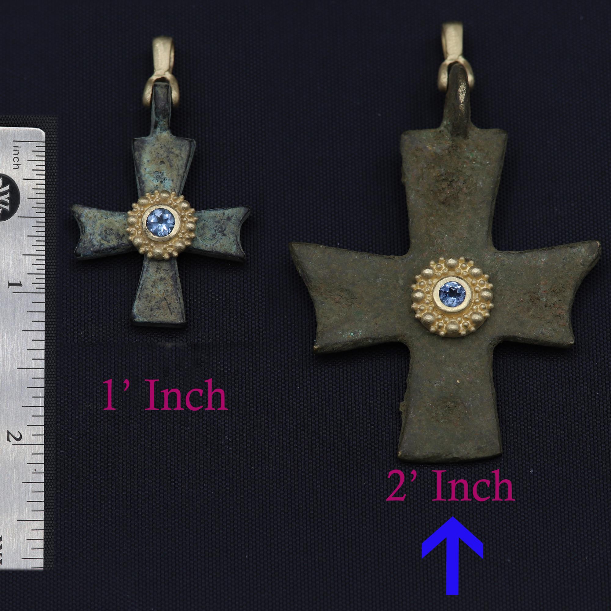 Women's or Men's Byzantine Antique Style Cross 18 Karat Gold & Aquamarine Gemstone(#1)