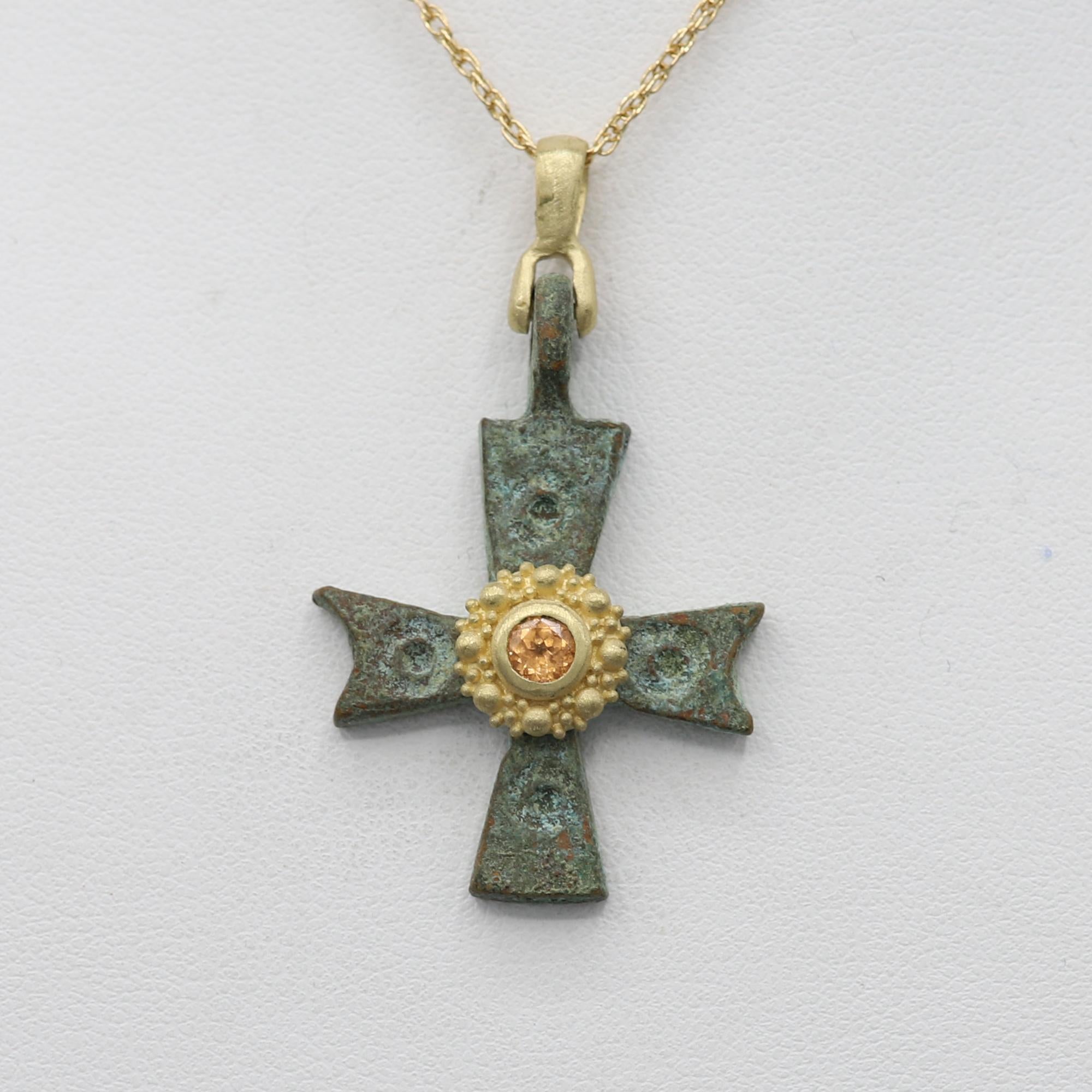 Magnificent piece of History - can be yours today !
Ancient Byzantine Period cross.
Hand set in Italy with 18k Yellow Gold & Yellow Sapphire.
Approx size 1' inch / 25 mm.
This Antique Bronze Cross is estimated from 600-900 AD 
CHAIN NOT