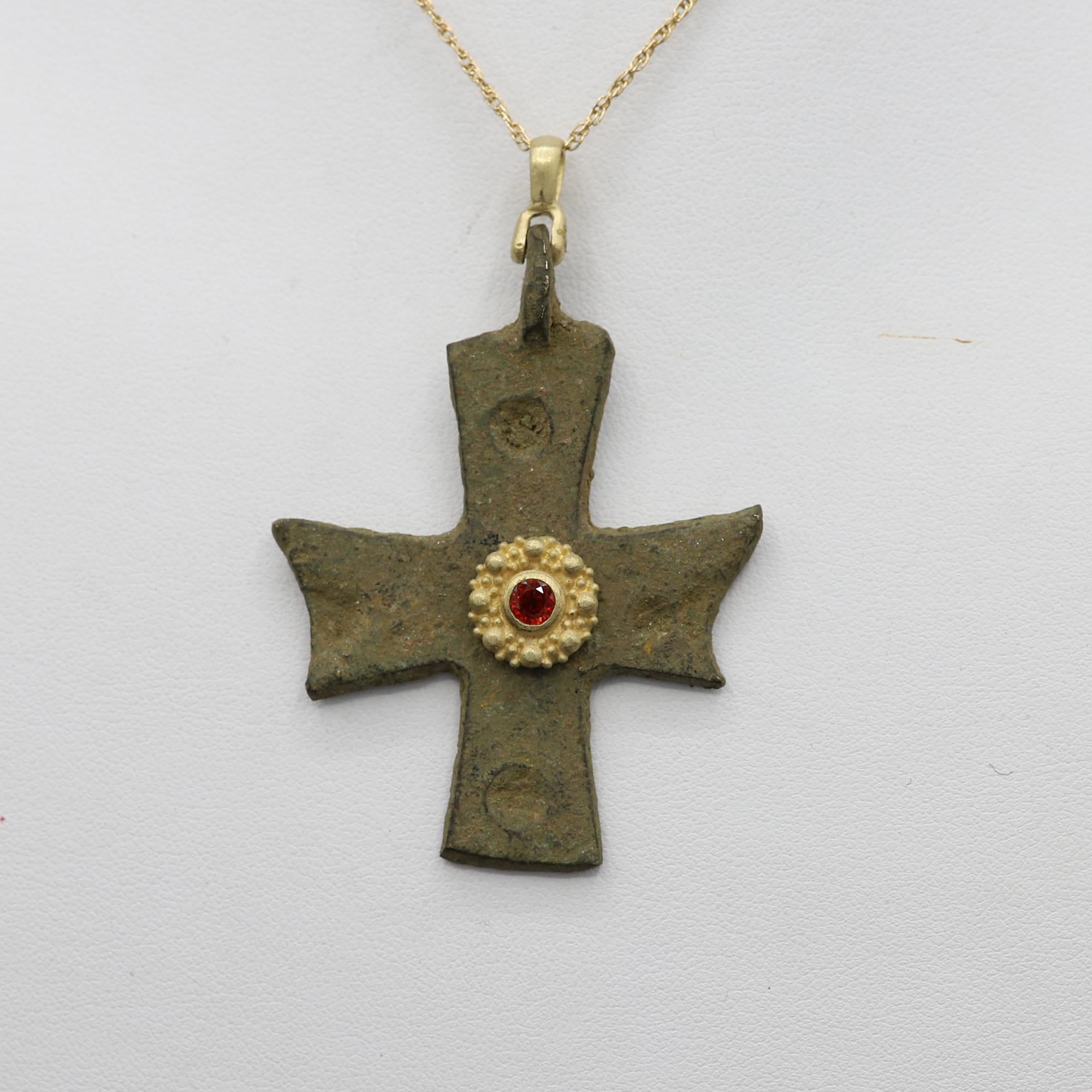 Magnificent piece of History - can be yours today !
Ancient Byzantine Period cross.
Hand set in Italy with 18k Yellow Gold & Red Sapphire.
Approx size 2' inch / 50 mm.
This Antique Bronze Cross is estimated from 600-900 AD 
Included 16' Inch  Gold