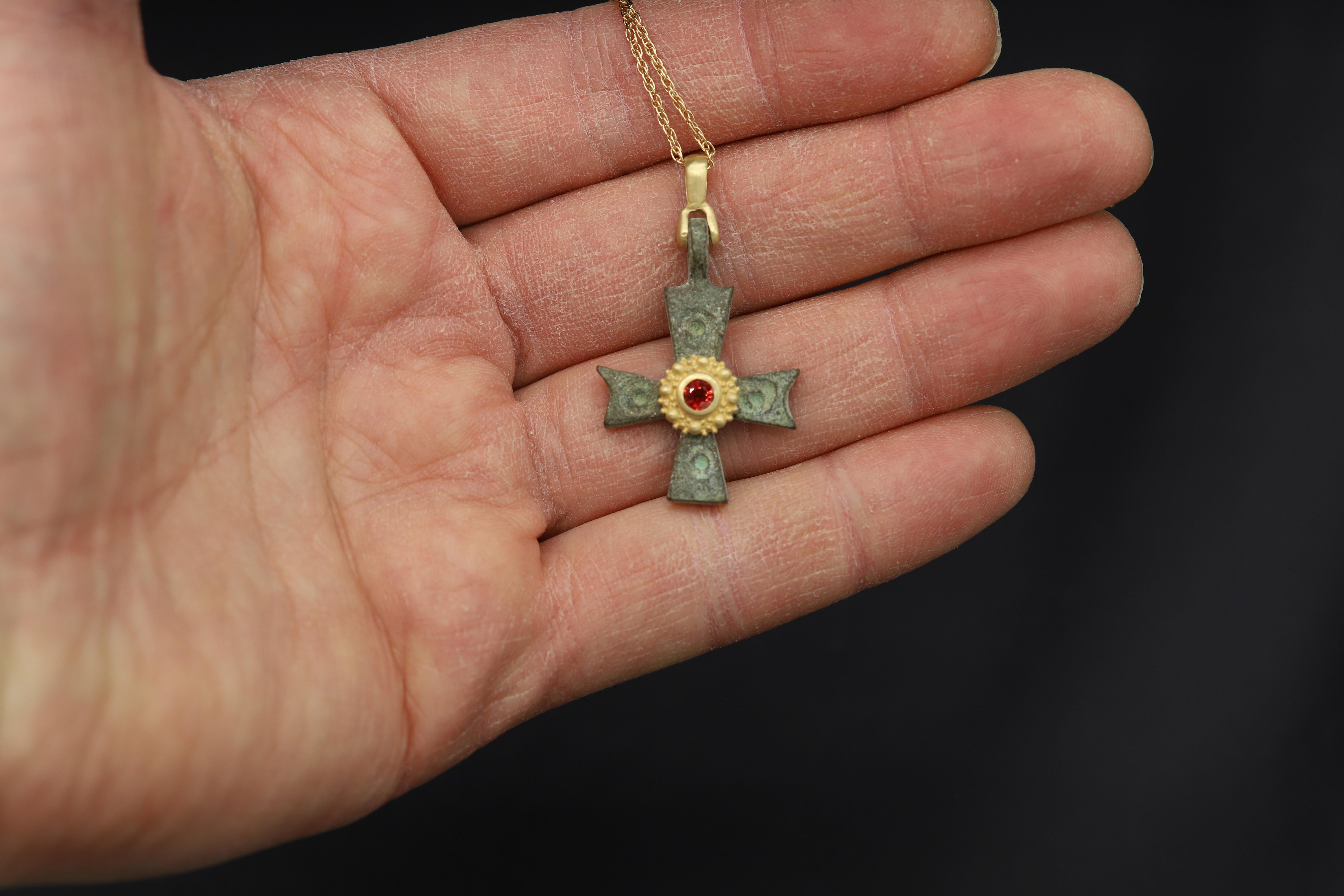 Round Cut Byzantine Antique Style Cross 18 Karat Gold & Red Sapphire (#4)