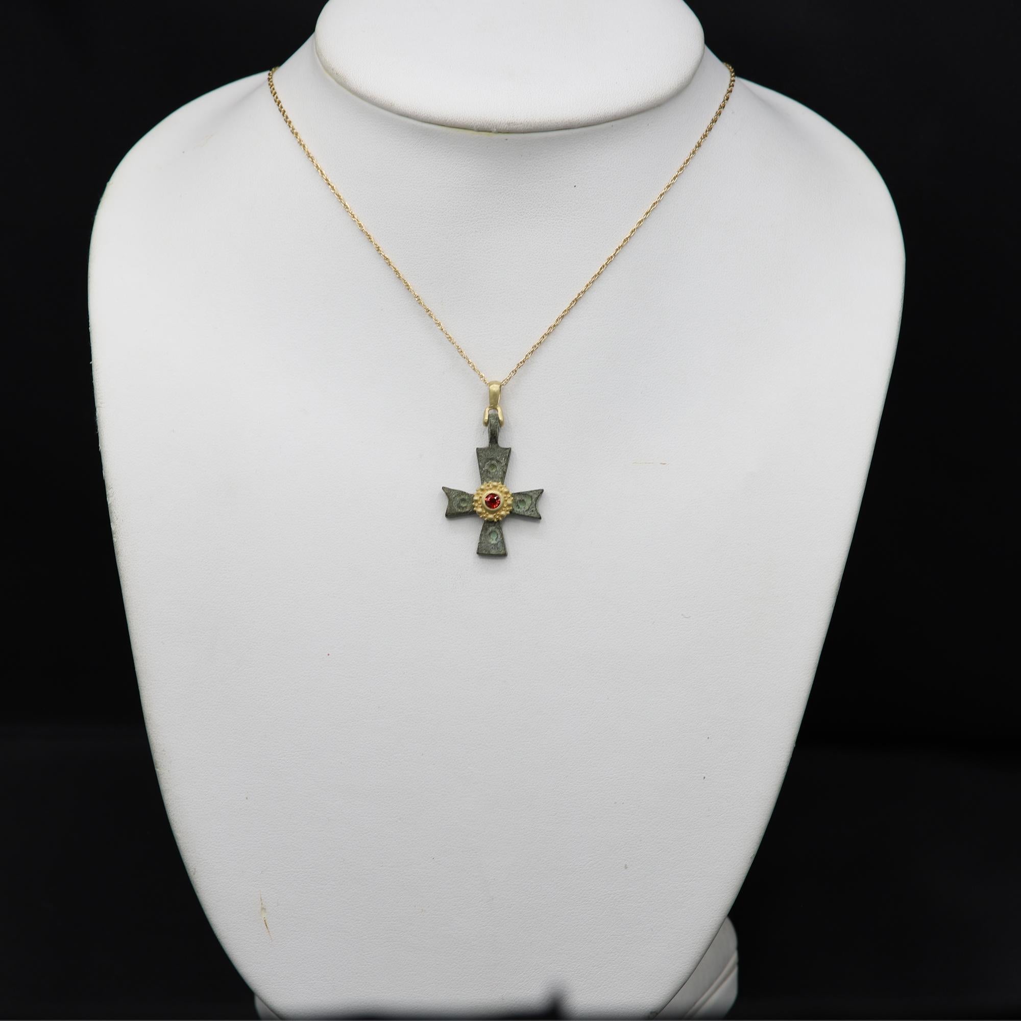 Women's or Men's Byzantine Antique Style Cross 18 Karat Gold & Red Sapphire (#4)