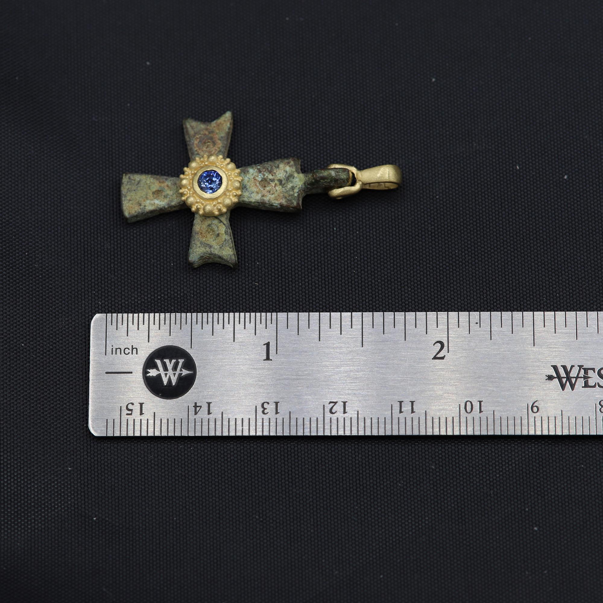 Round Cut Byzantine Antique Style Cross 18 Karat Gold & Blue Sapphire Gemstone(#2)
