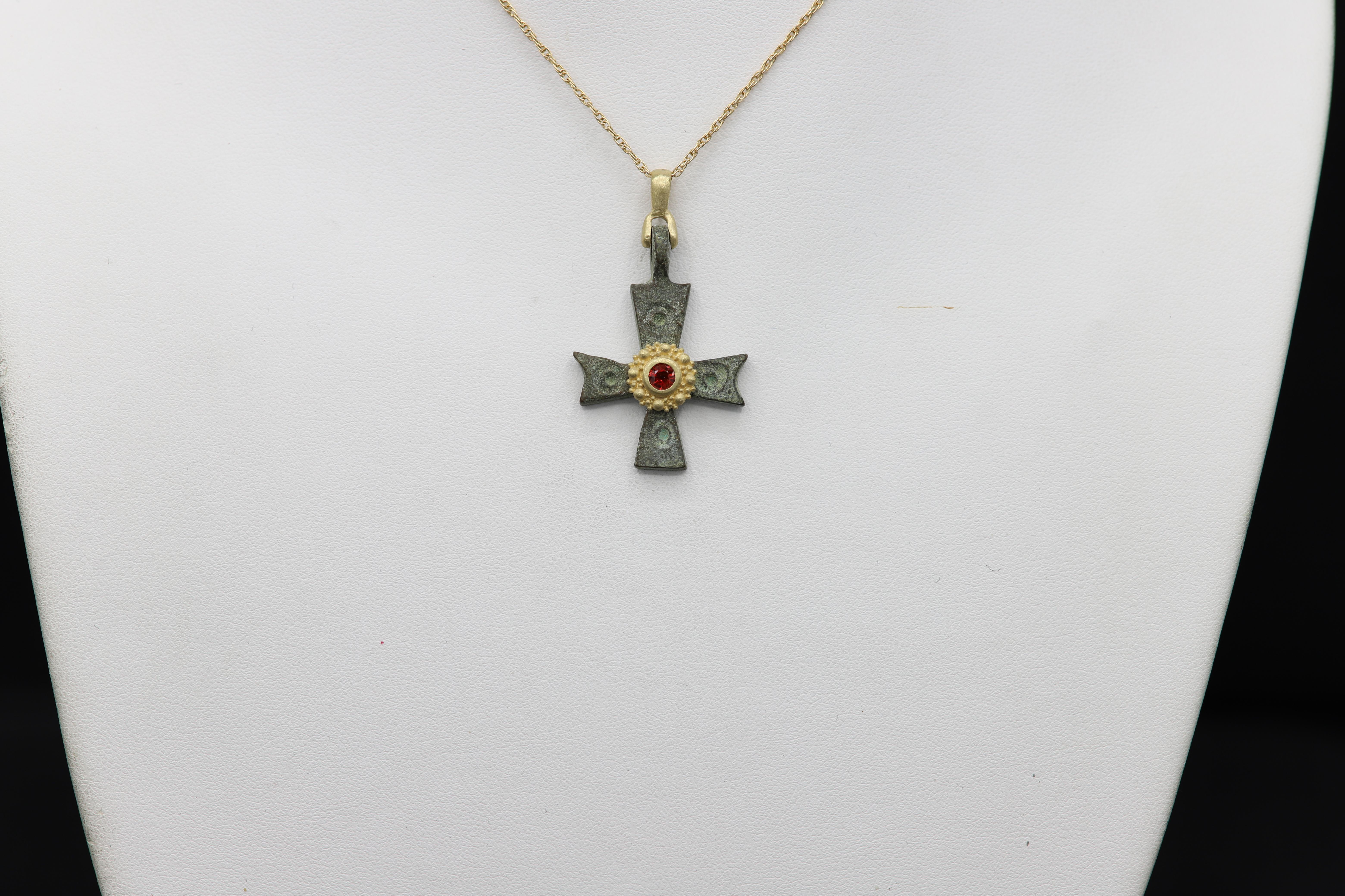 Byzantine Antique Style Cross 18 Karat Gold & Red Sapphire (#4) 1