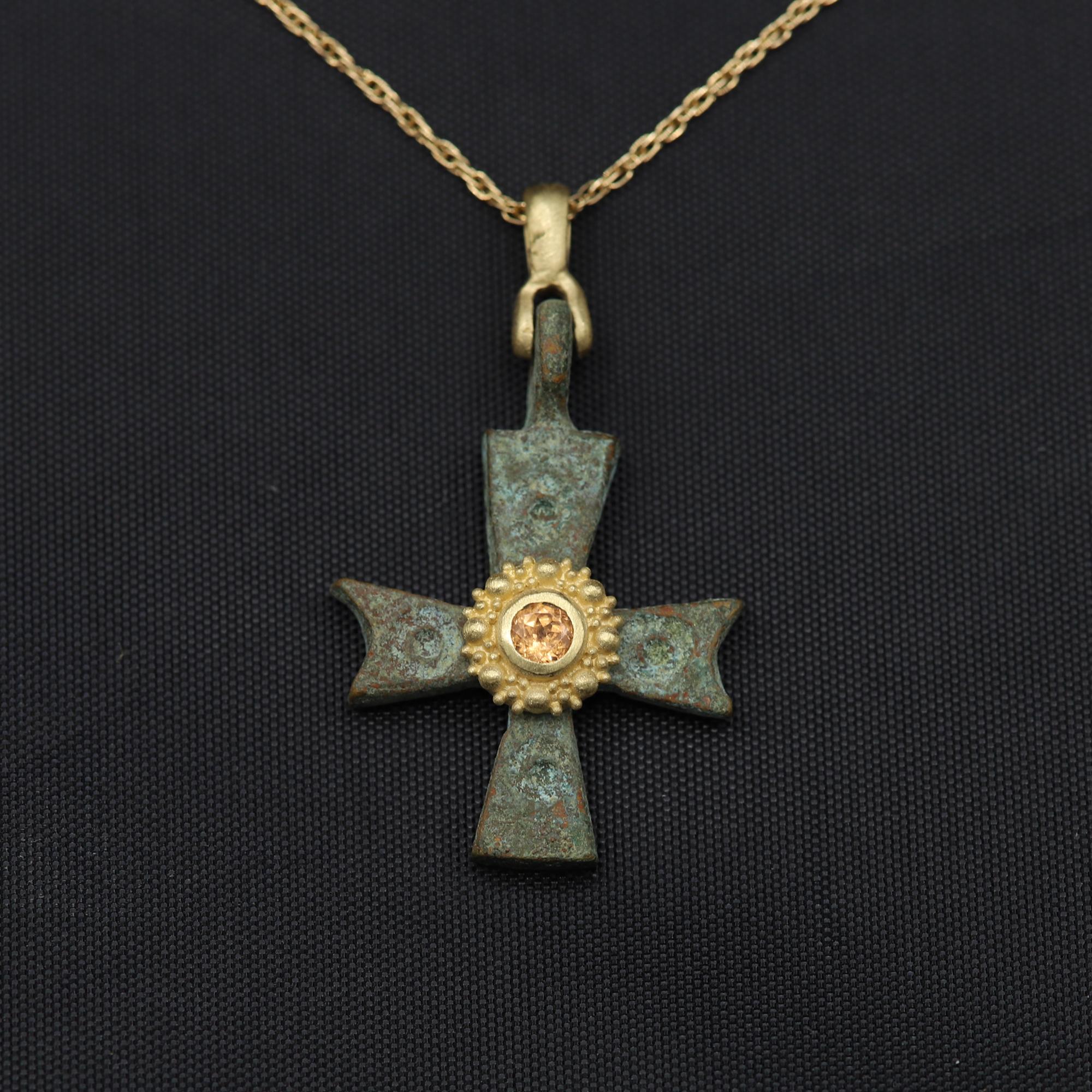 Byzantine Antique Style Cross 18 Karat Gold & Yellow Sapphire Gemstone(#3) 1