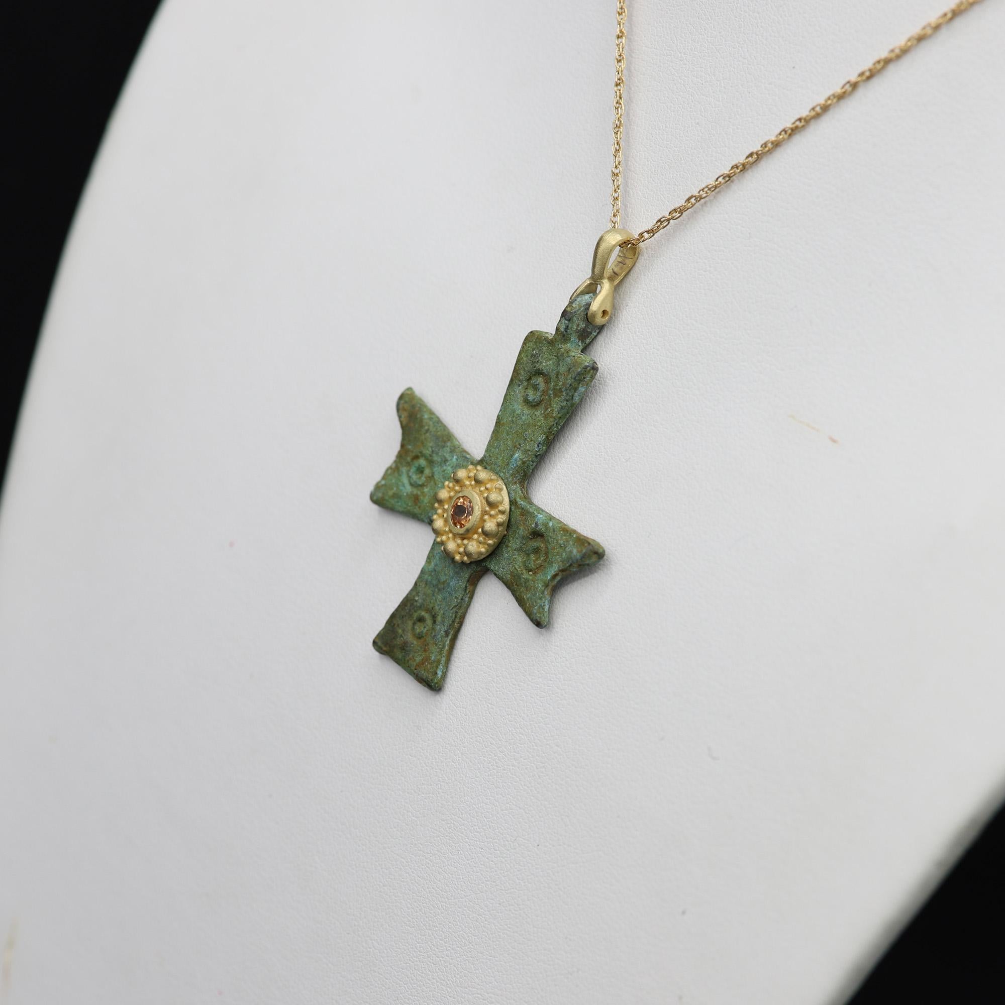 Magnificent piece of History - can be yours today !
Ancient Byzantine Period cross.
Hand set in Italy with 18k Yellow Gold & Yellow Sapphire.
Approx size 1' inch / 25 mm.
This Antique Bronze Cross is estimated from 600-900 AD 
Chain not Included 