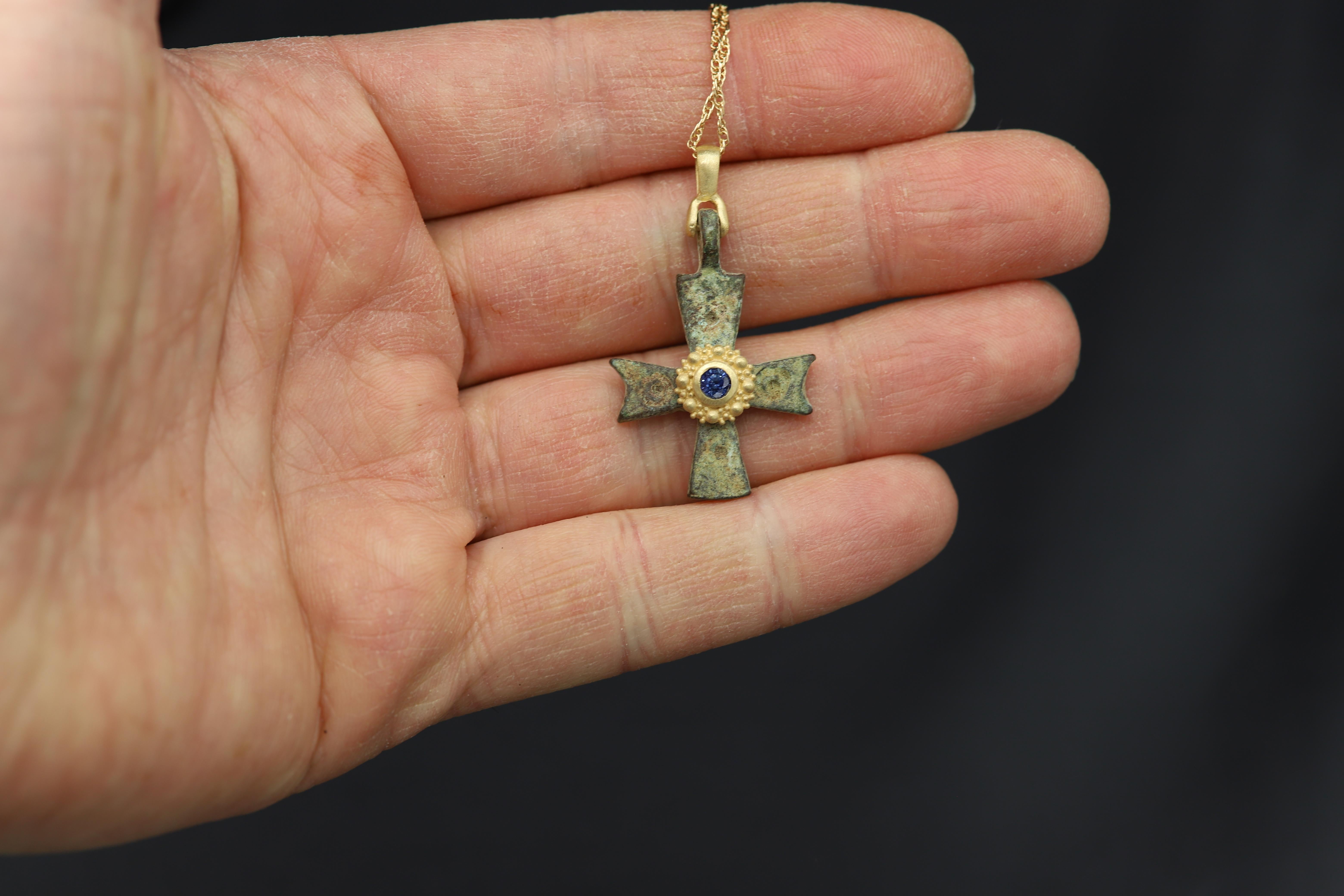 Women's or Men's Byzantine Antique Style Cross 18 Karat Gold & Blue Sapphire Gemstone(#2)