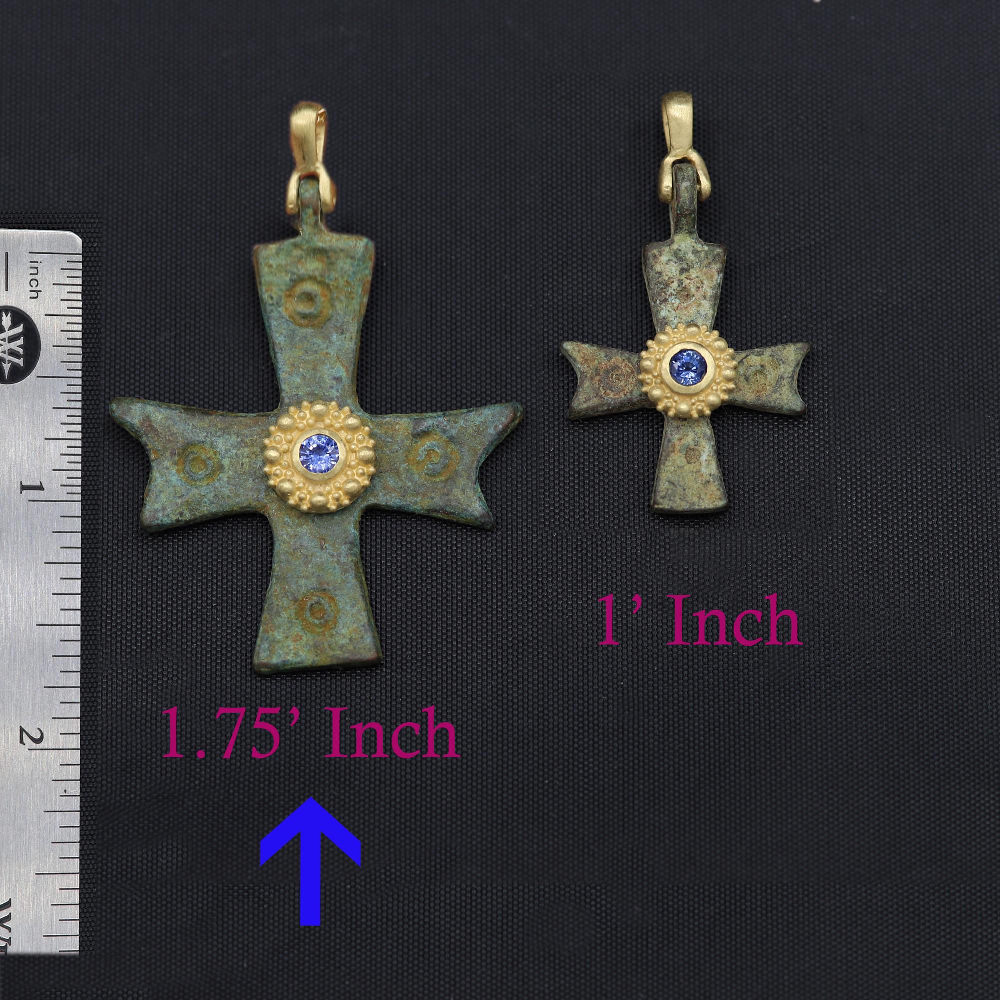 Women's or Men's Byzantine Antique Style Cross 18 Karat Gold & Blue Sapphire(#14)
