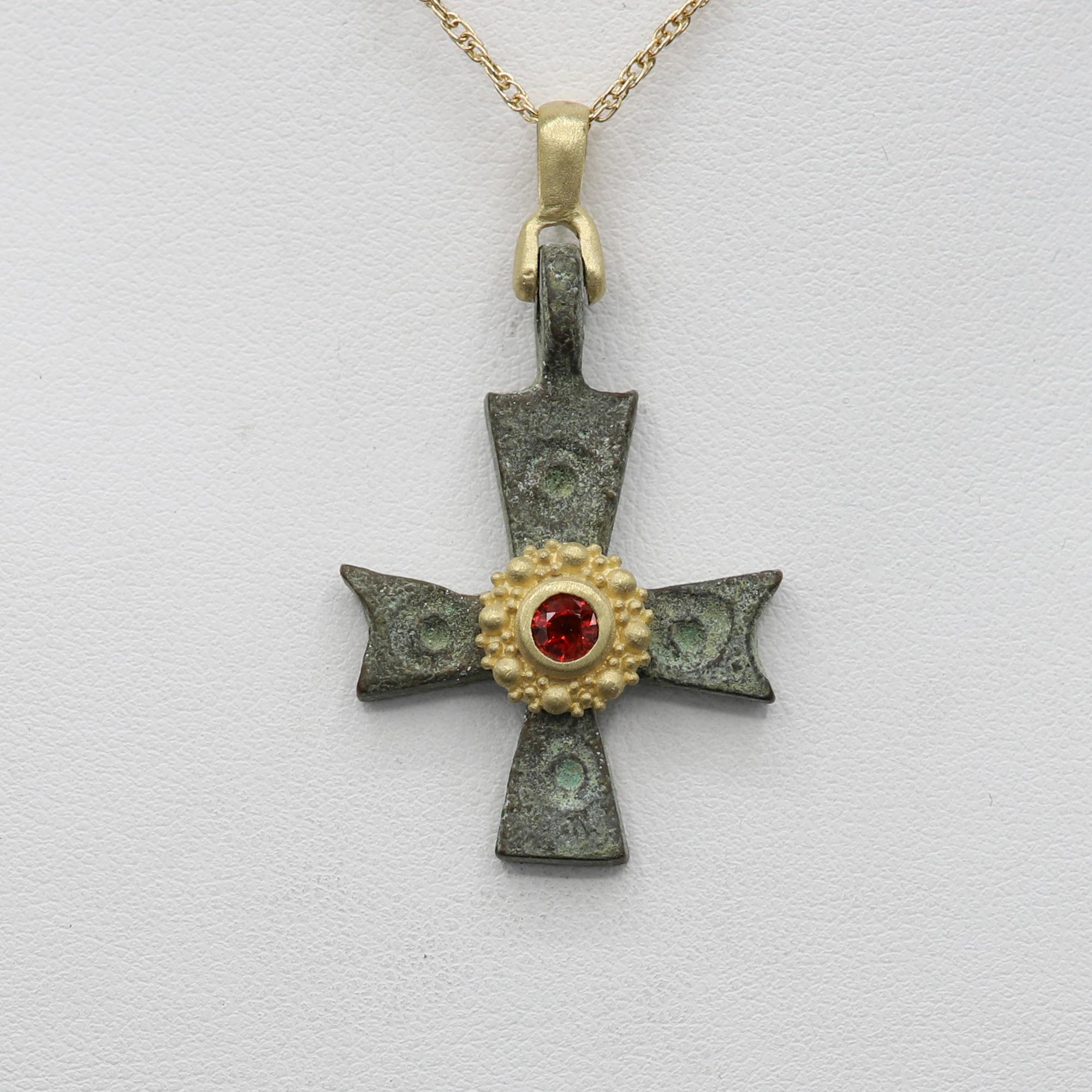 Byzantine Antique Style Cross 18 Karat Gold & Red Sapphire (#4) 4