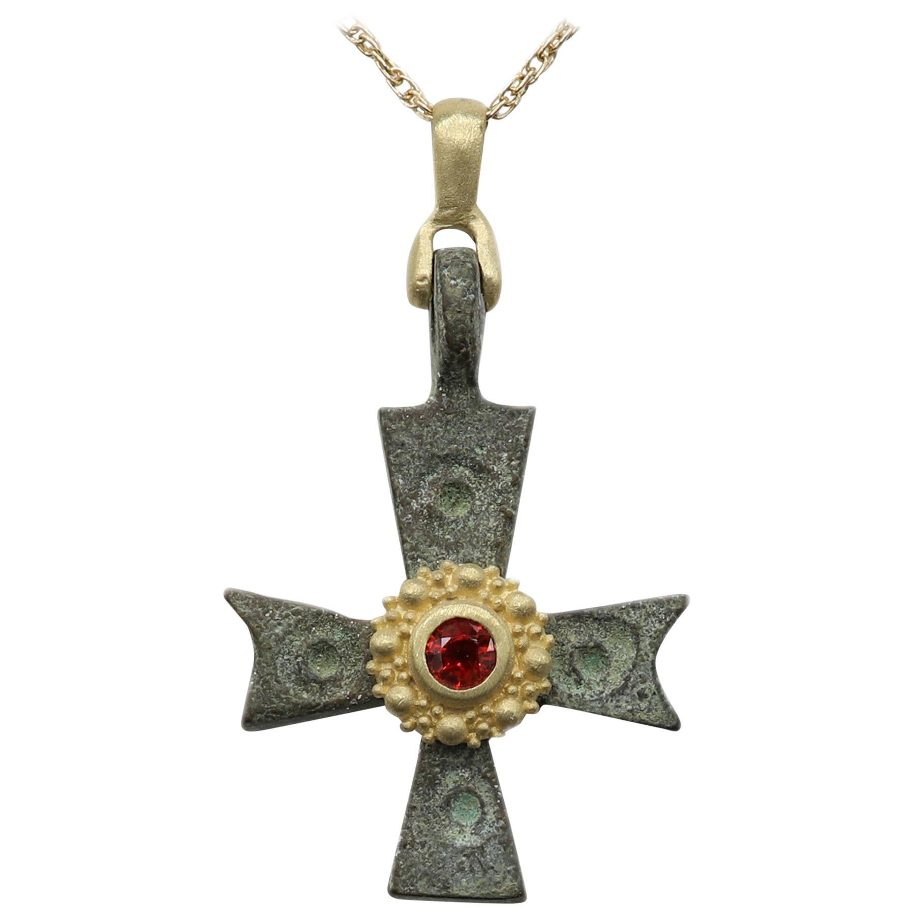 Byzantine Antique Style Cross 18 Karat Gold & Red Sapphire (#4)