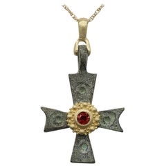 Byzantine Antique Style Cross 18 Karat Gold & Red Sapphire (#4)