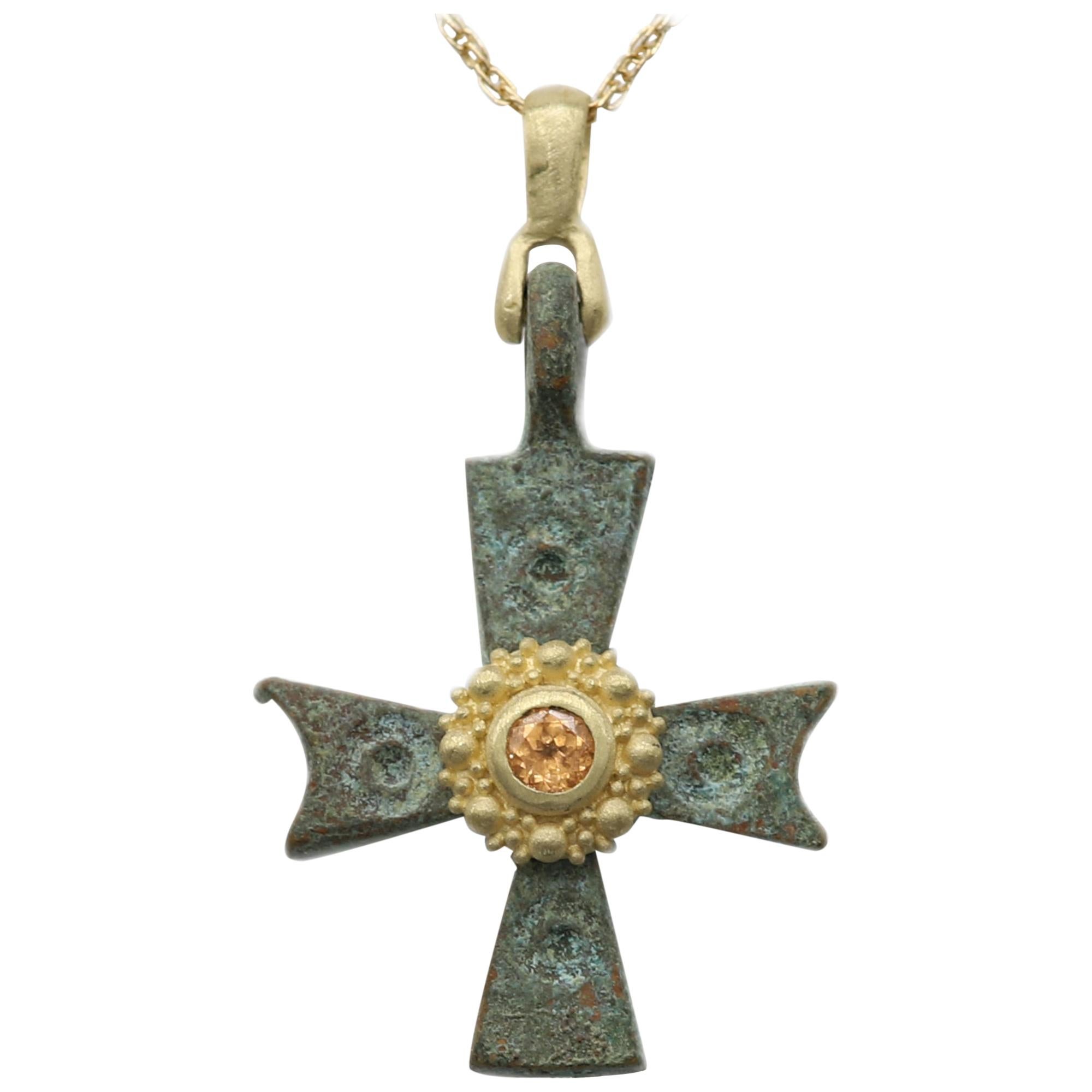 Byzantine Antique Style Cross 18 Karat Gold & Yellow Sapphire Gemstone(#3)