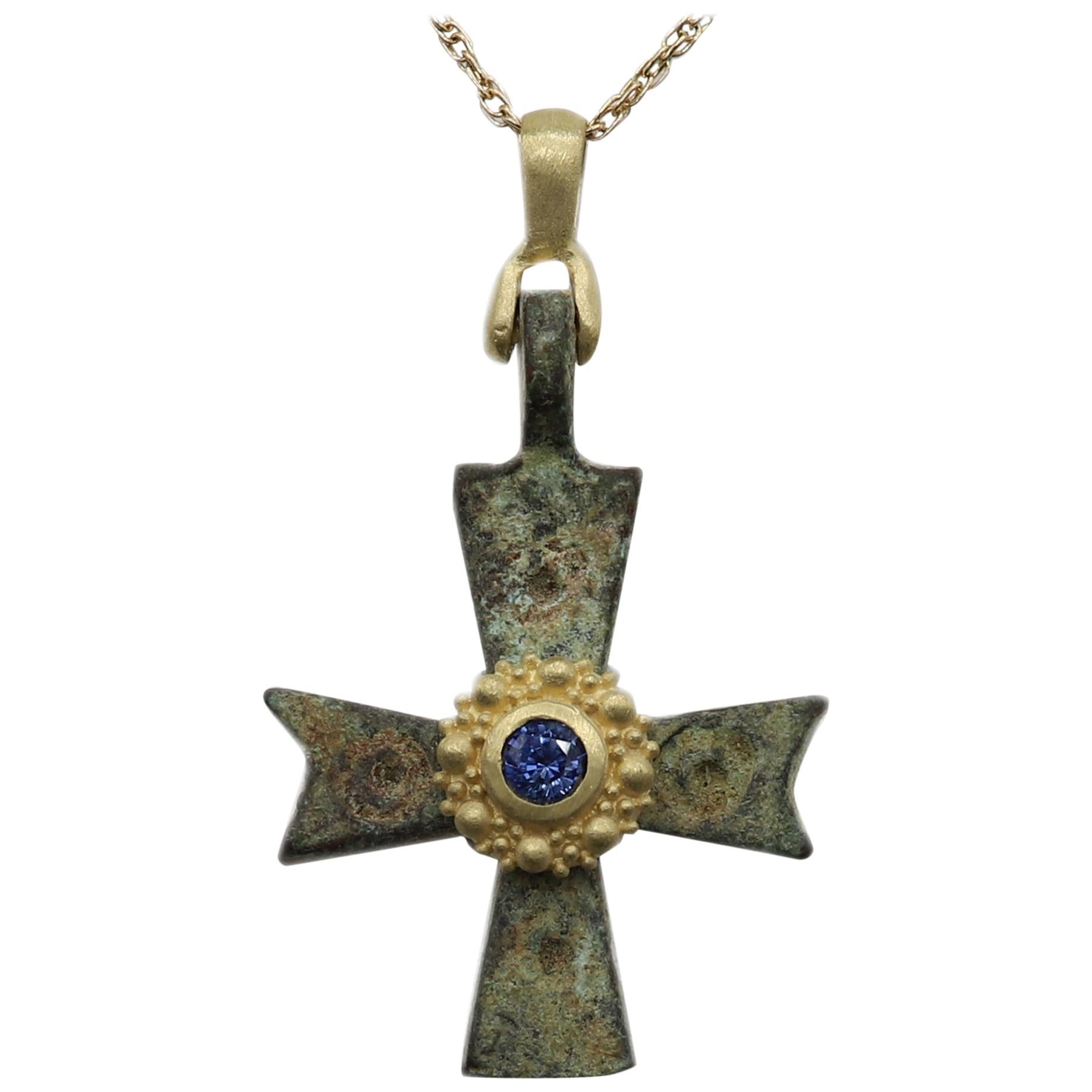 Byzantine Antique Style Cross 18 Karat Gold & Blue Sapphire Gemstone(#2)