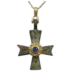 Byzantine Antique Style Cross 18 Karat Gold & Blue Sapphire Gemstone(#2)