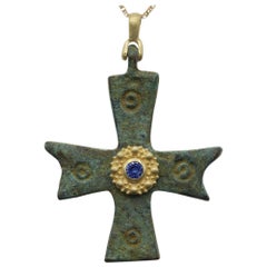 Byzantine Antique Style Cross 18 Karat Gold & Blue Sapphire(#14)