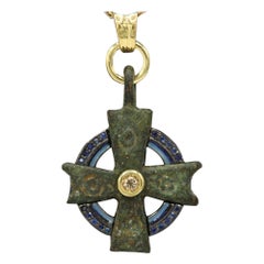 Byzantine Antique Style Cross 18 Karat Gold Diamonds and Blue Sapphire (#6)