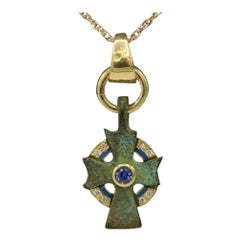 Byzantine Anique Style Cross 18 Karat Gold & Blue Sapphire (#9)