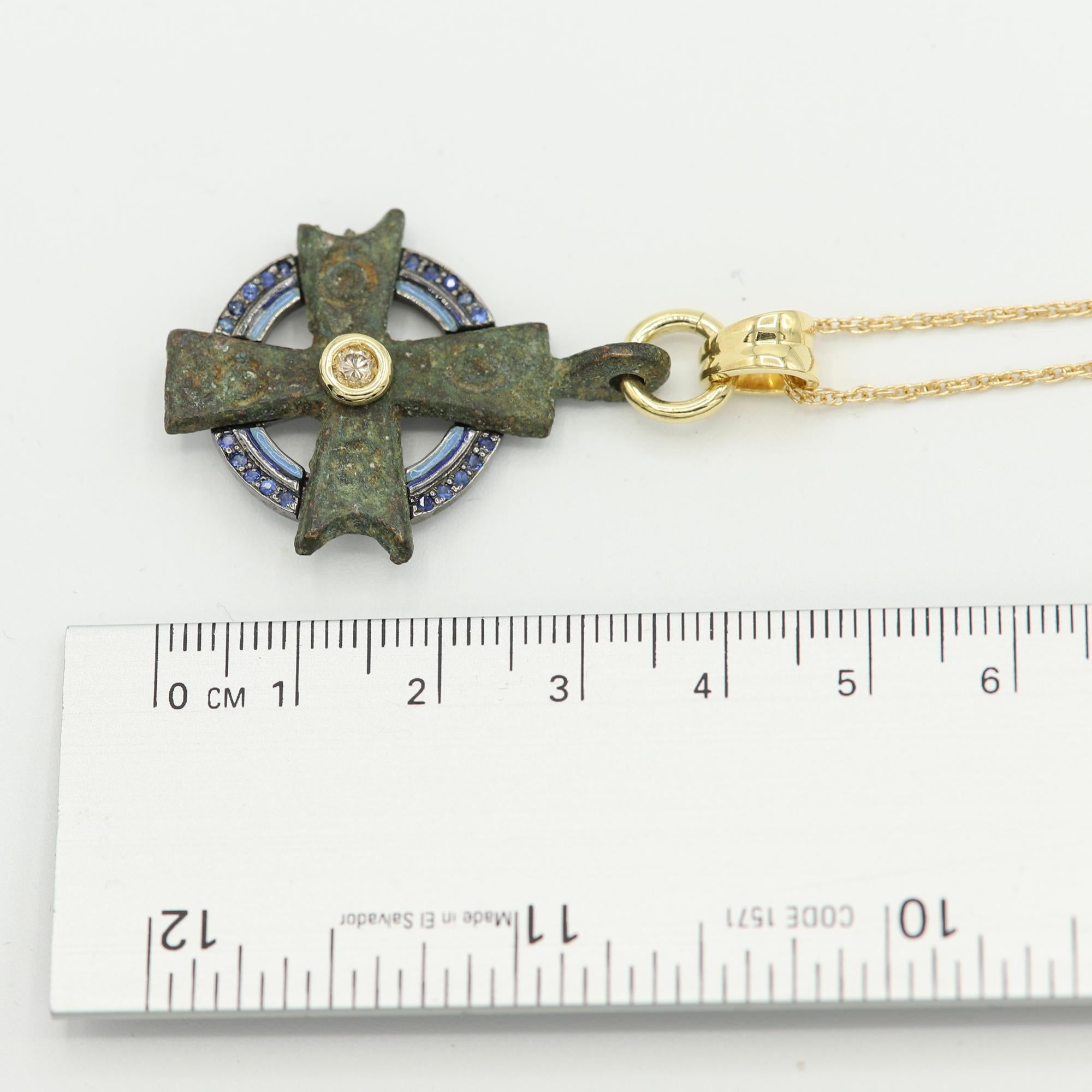 Round Cut Byzantine Antique Style Cross 18 Karat Gold Diamonds and Blue Sapphire (#6)