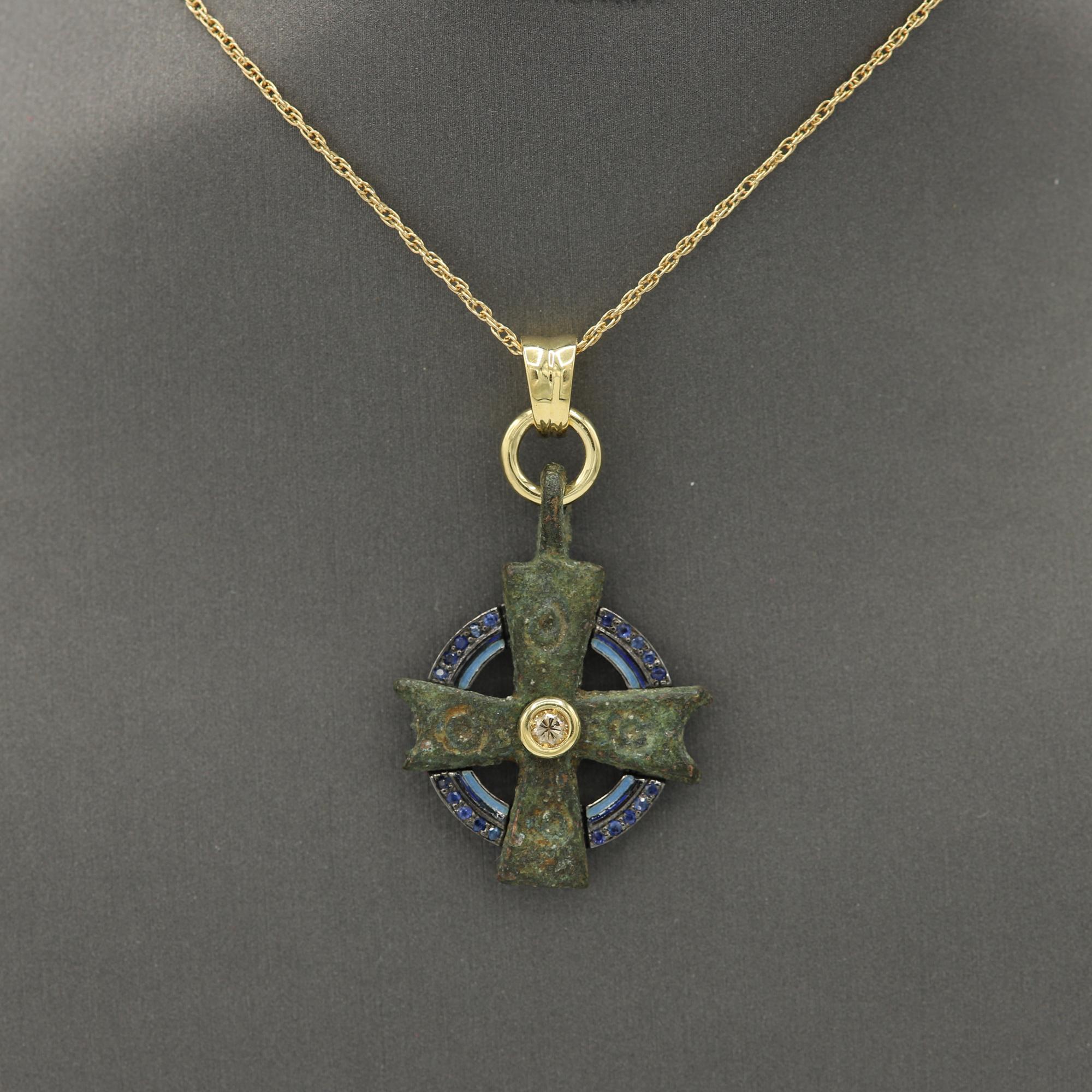 Women's or Men's Byzantine Antique Style Cross 18 Karat Gold Diamonds and Blue Sapphire (#6)