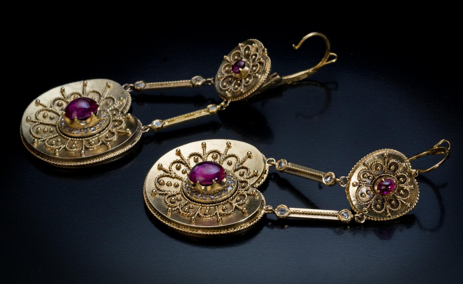Victorian Antique Byzantine Style Gold Ruby Diamond Earrings