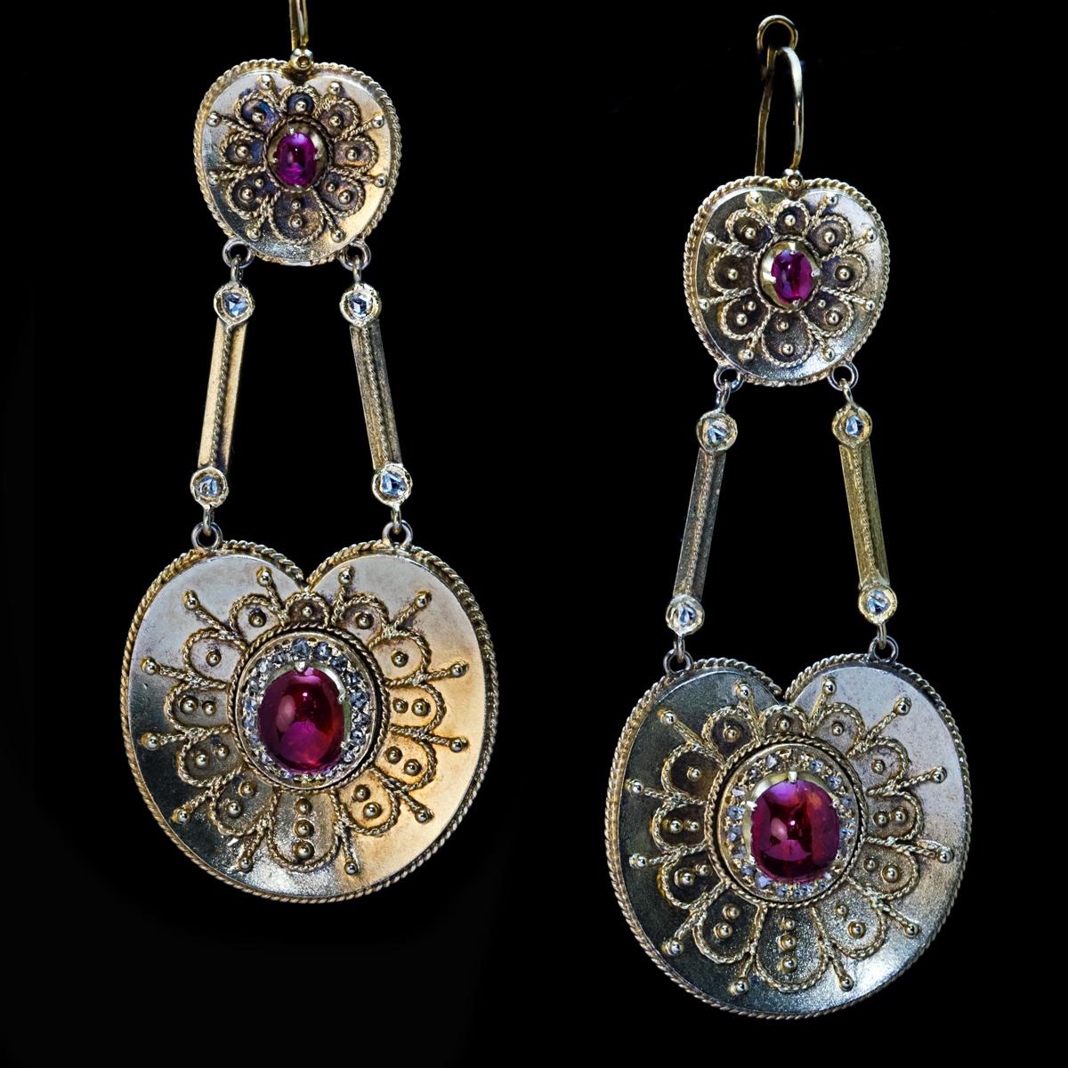 Women's Antique Byzantine Style Gold Ruby Diamond Earrings