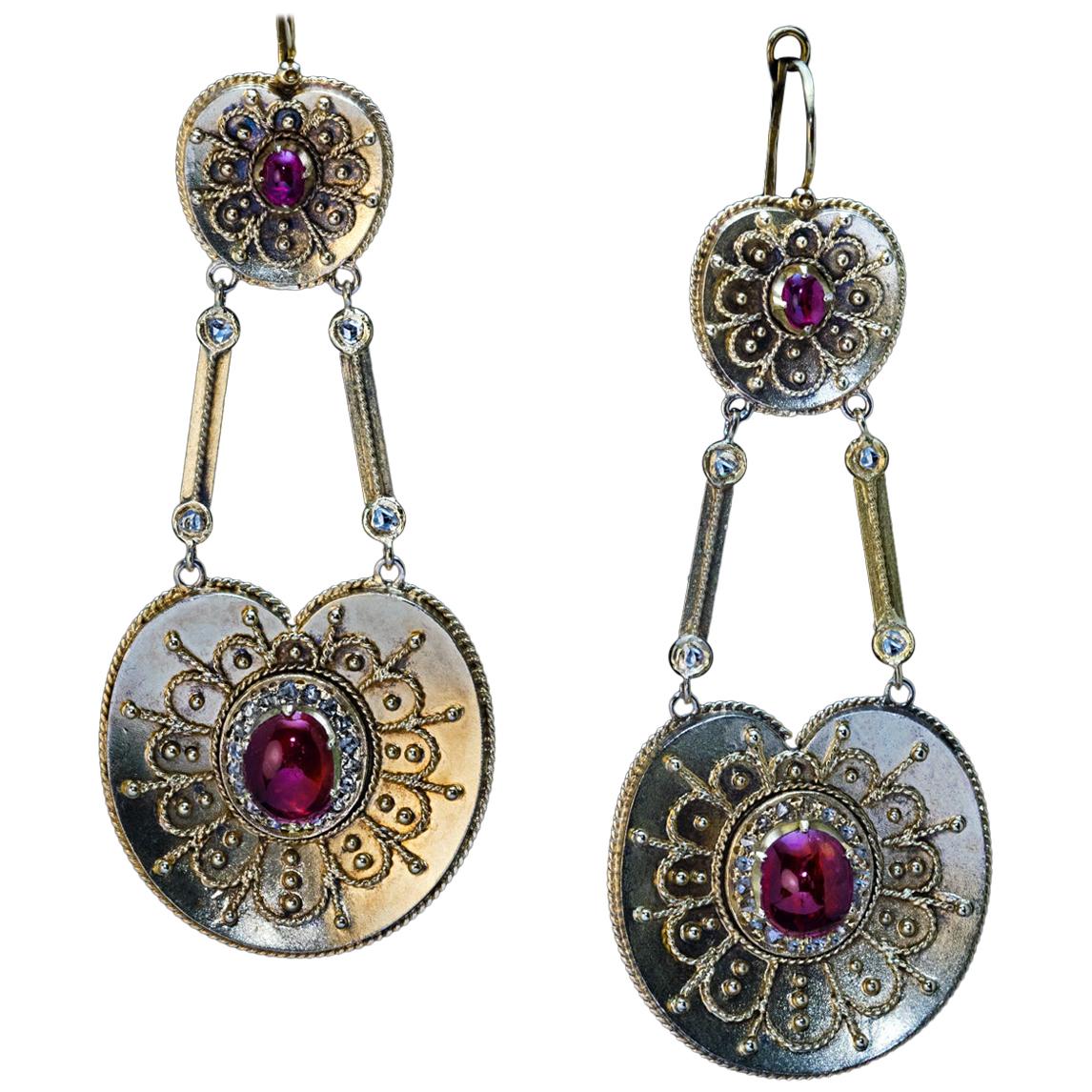 Antique Byzantine Style Gold Ruby Diamond Earrings