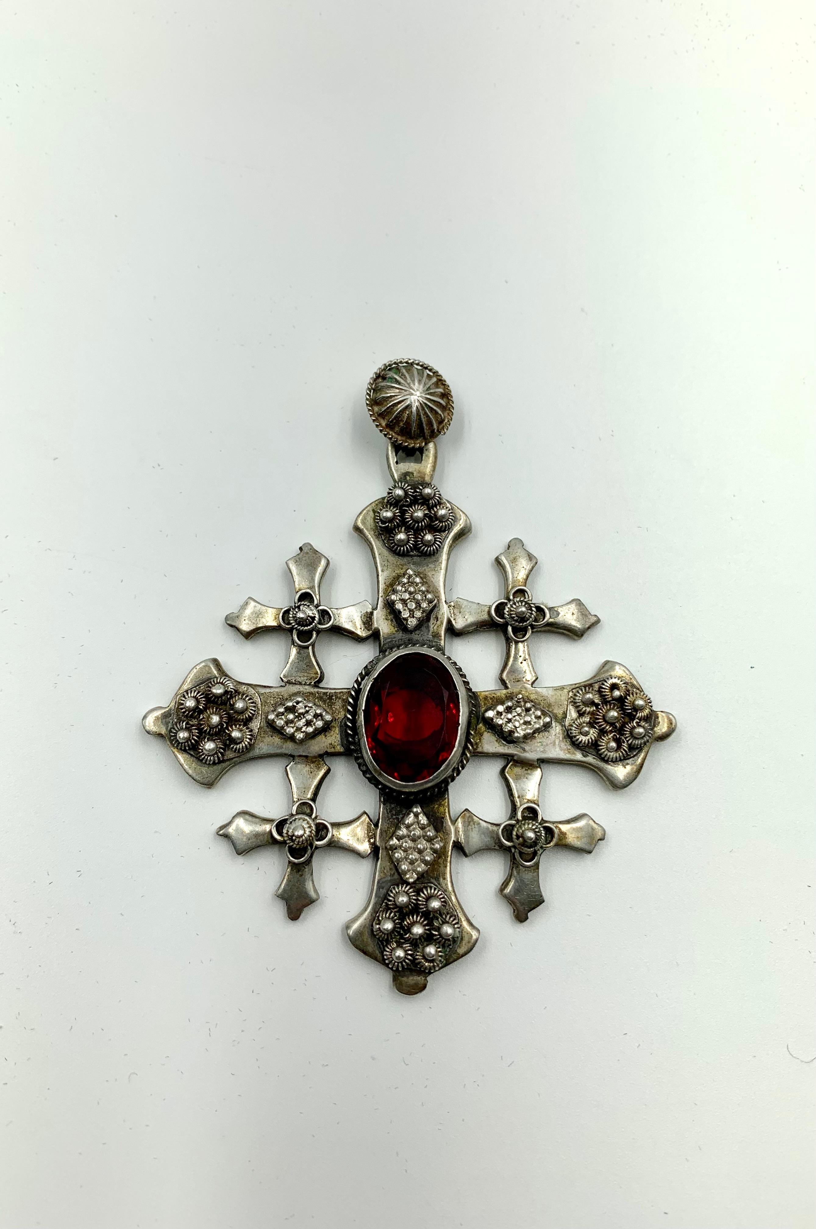 19th Century Antique Byzantine Style Large, Substantial Silver Five Fold Cross Pendant For Sale