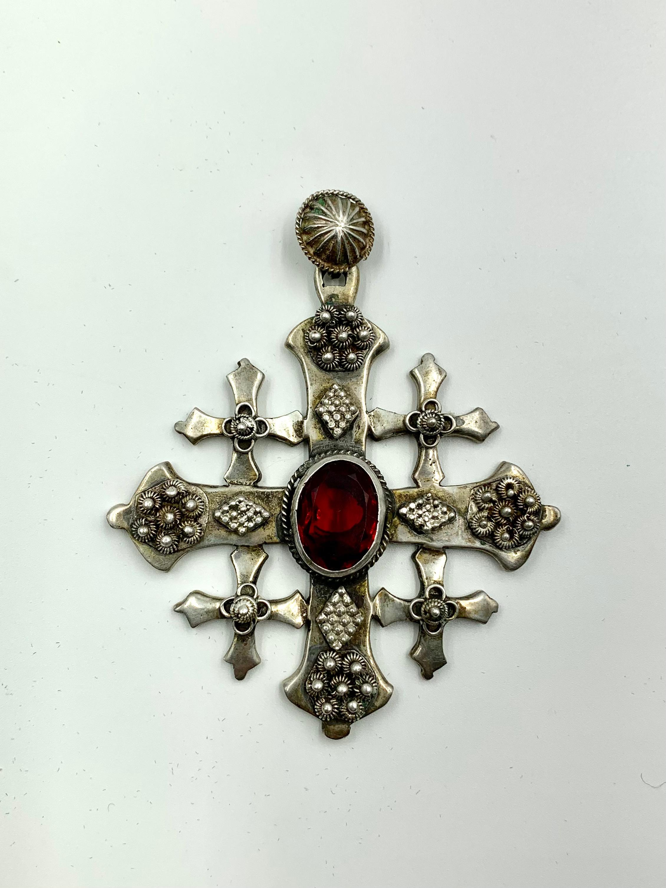 Antique Byzantine Style Large, Substantial Silver Five Fold Cross Pendant For Sale 2