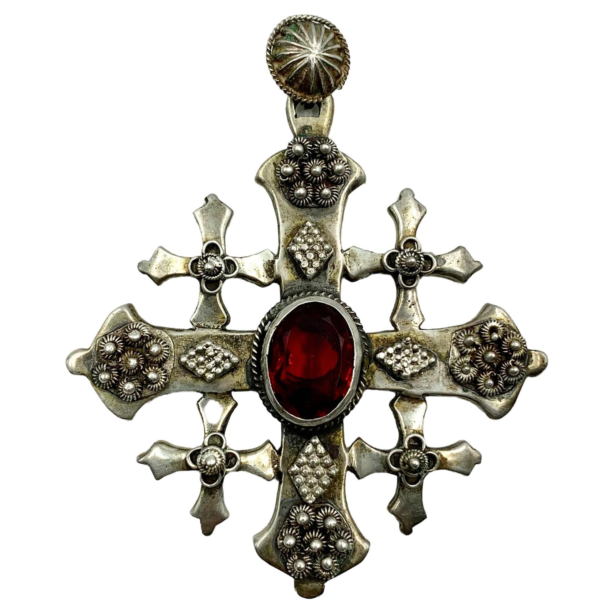 Antique Byzantine Style Large, Substantial Silver Five Fold Cross Pendant For Sale