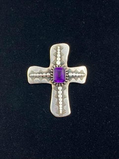 Antique Byzantine Style Sterling Silver Amethyst Cross Pendant