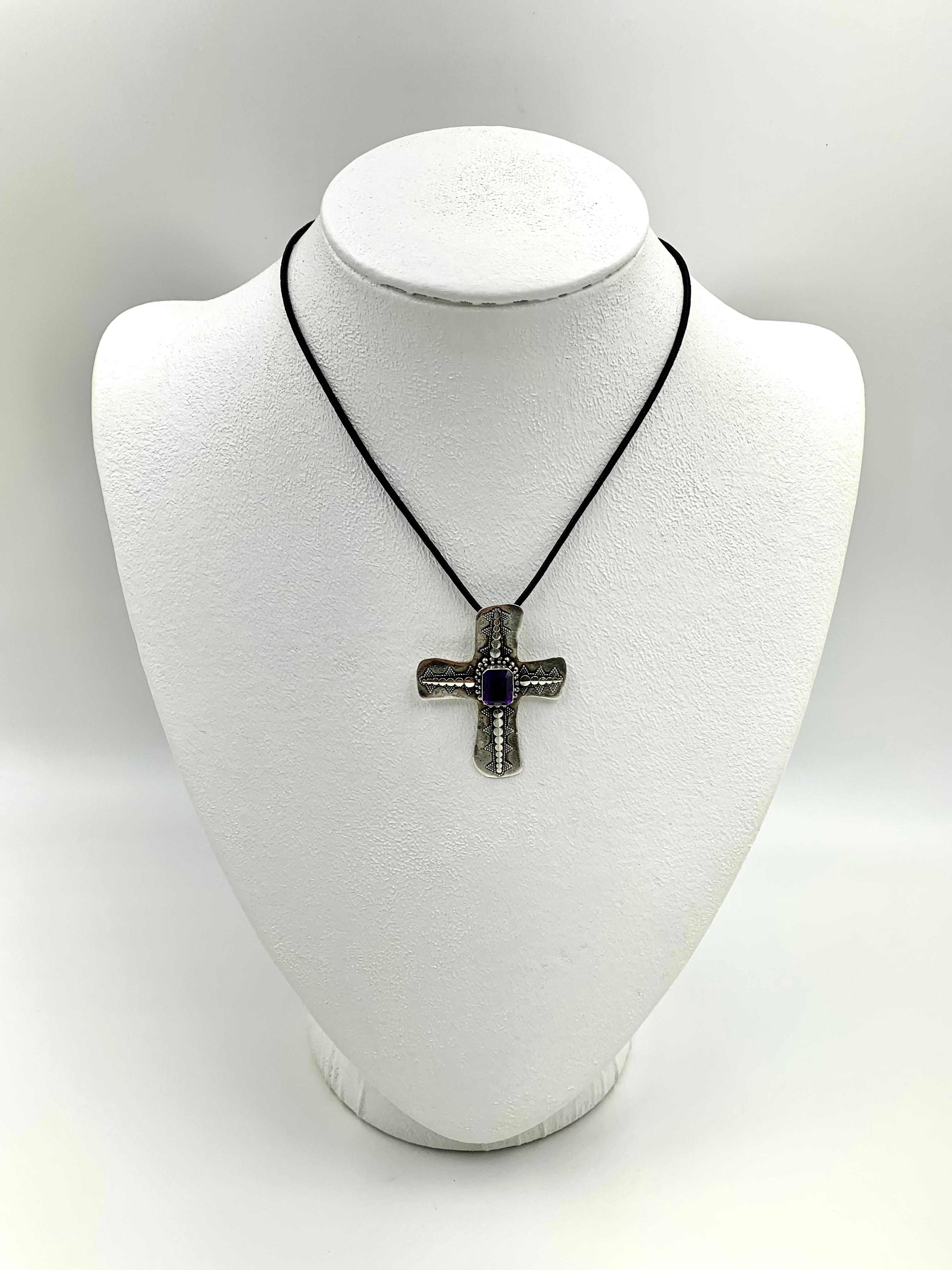 European Antique Byzantine Style Sterling Silver Amethyst Cross Pendant For Sale
