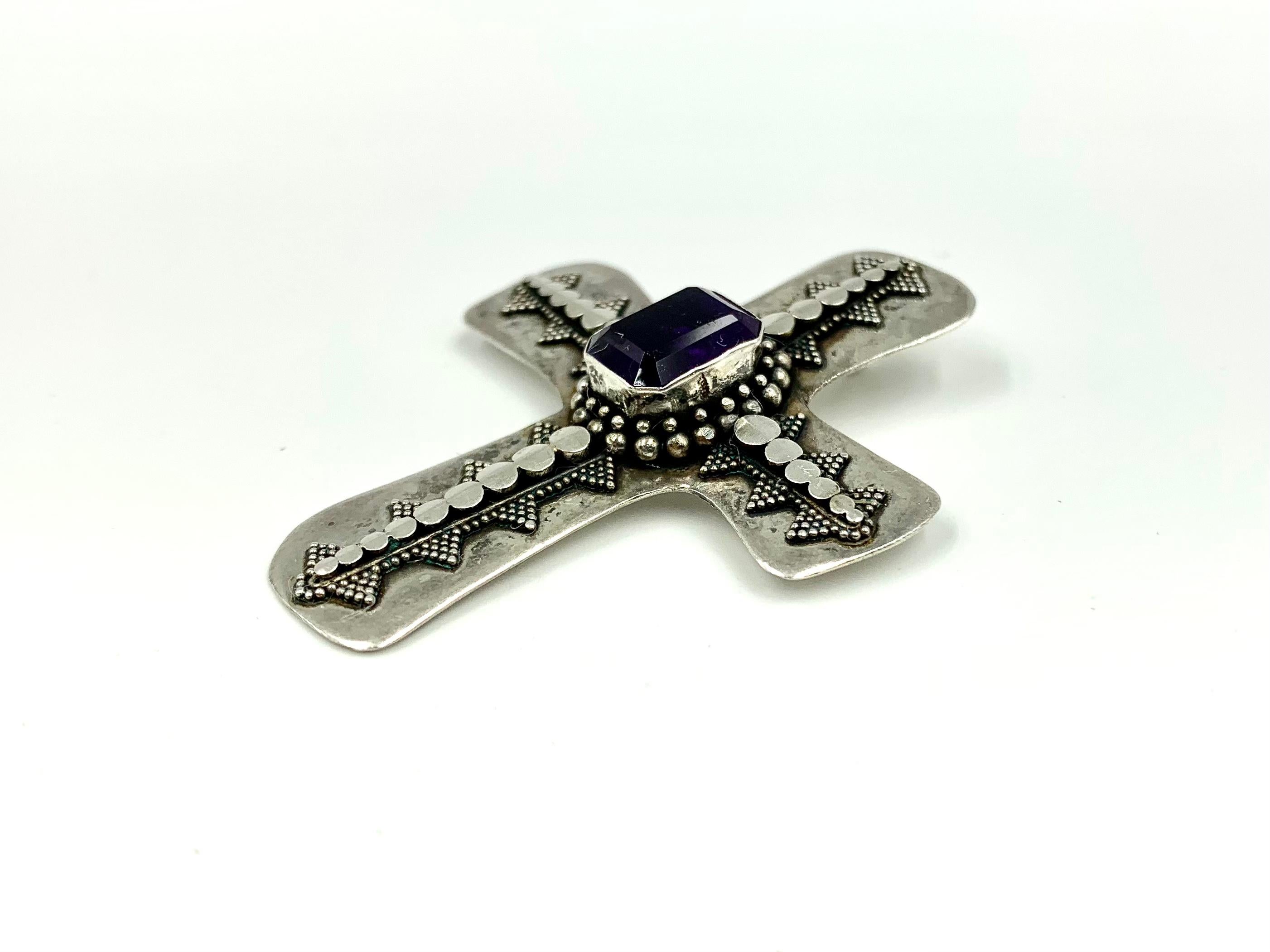 Hand-Crafted Antique Byzantine Style Sterling Silver Amethyst Cross Pendant For Sale