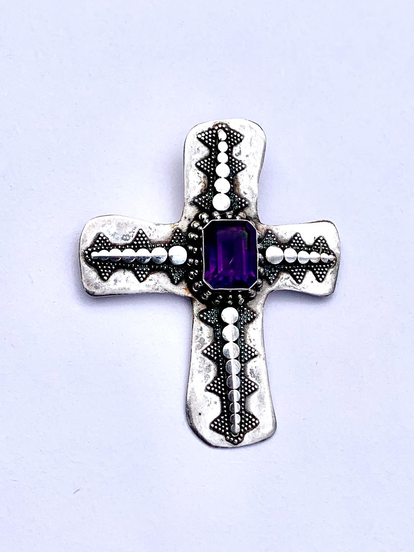 Antique Byzantine Style Sterling Silver Amethyst Cross Pendant For Sale 1