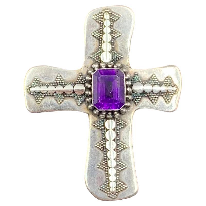 Antique Byzantine Style Sterling Silver Amethyst Cross Pendant For Sale