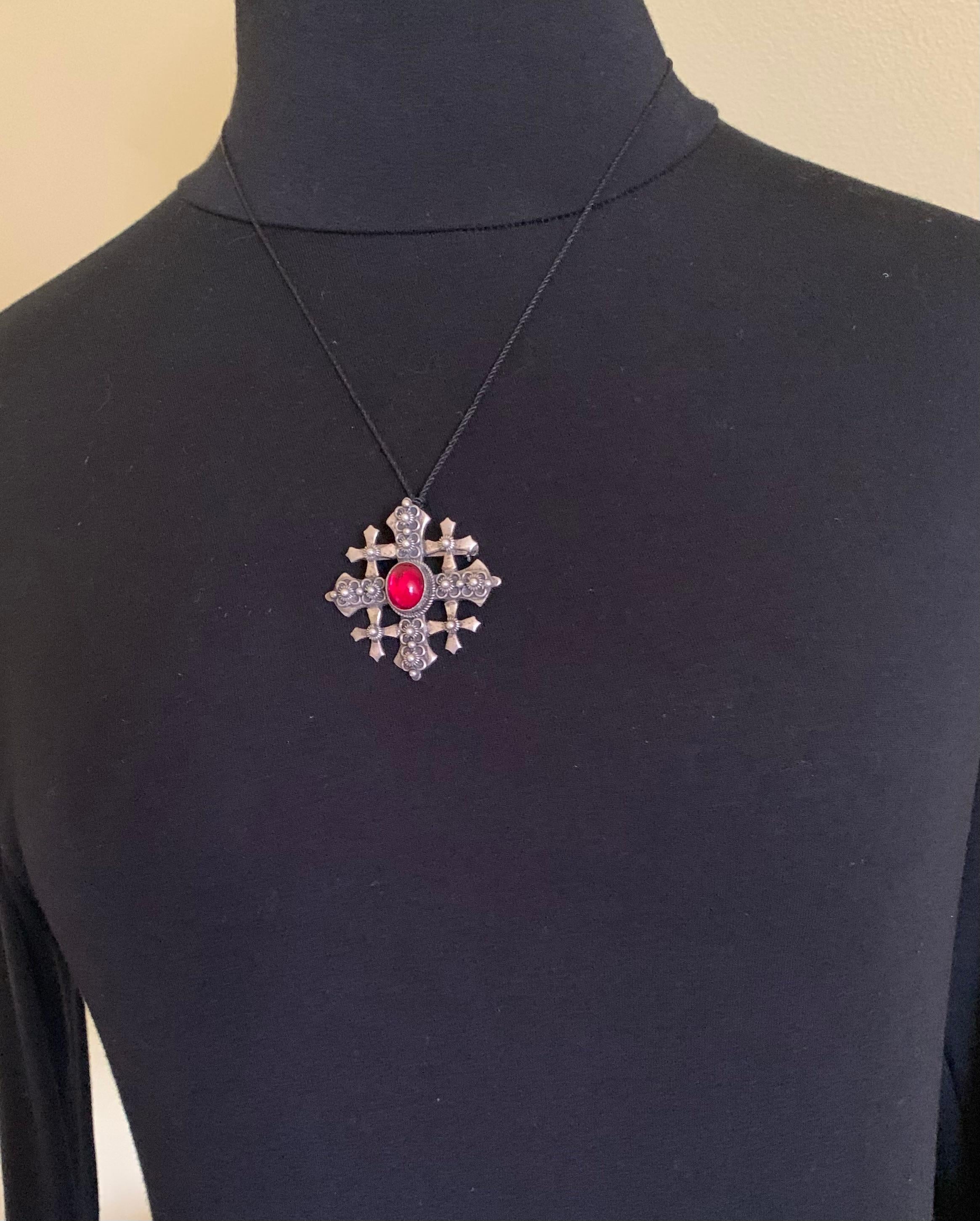 Antique Byzantine Style Substantial Silver Five Fold Cross Pendant Brooch 5
