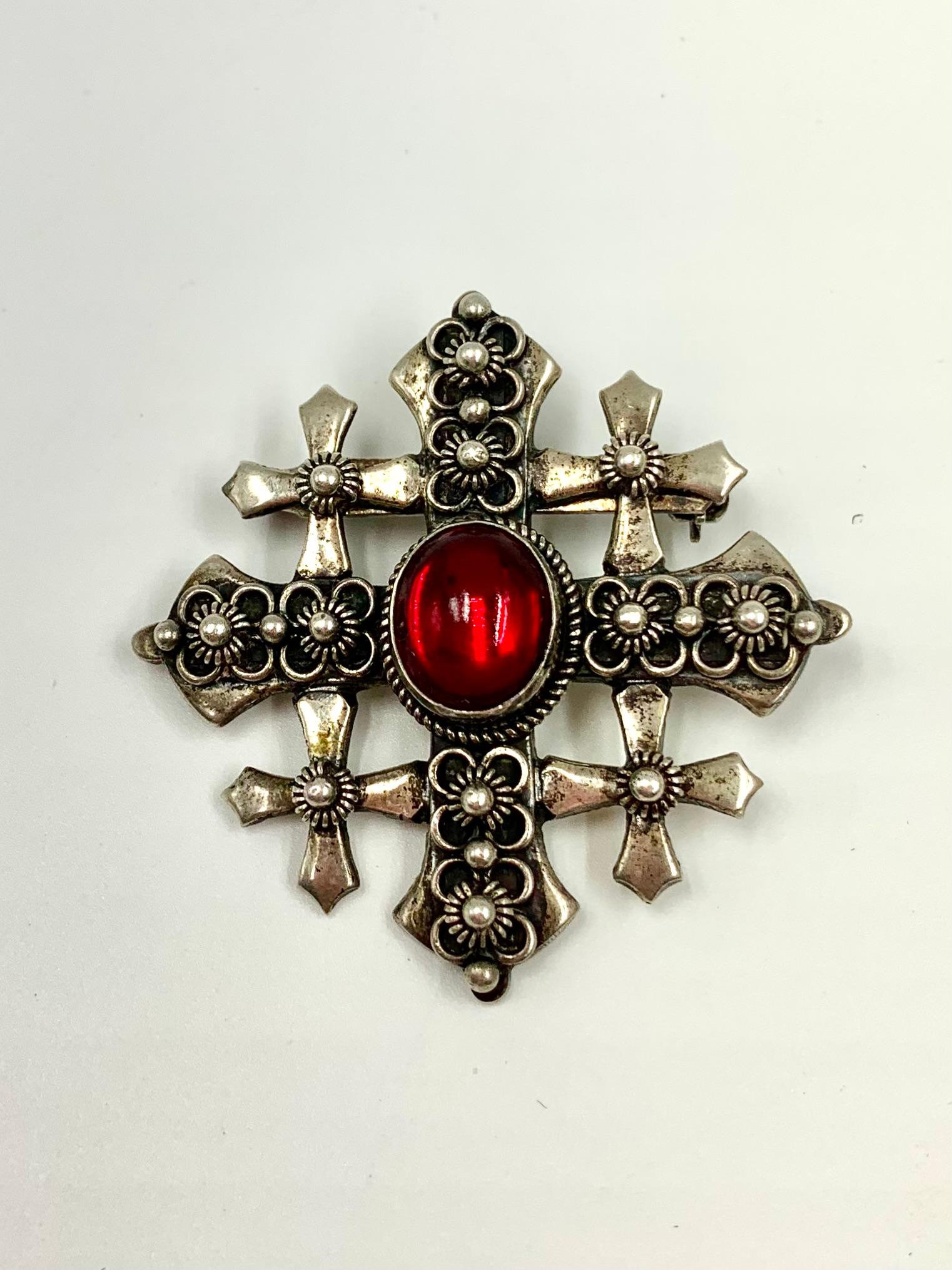19th Century Antique Byzantine Style Substantial Silver Five Fold Cross Pendant Brooch