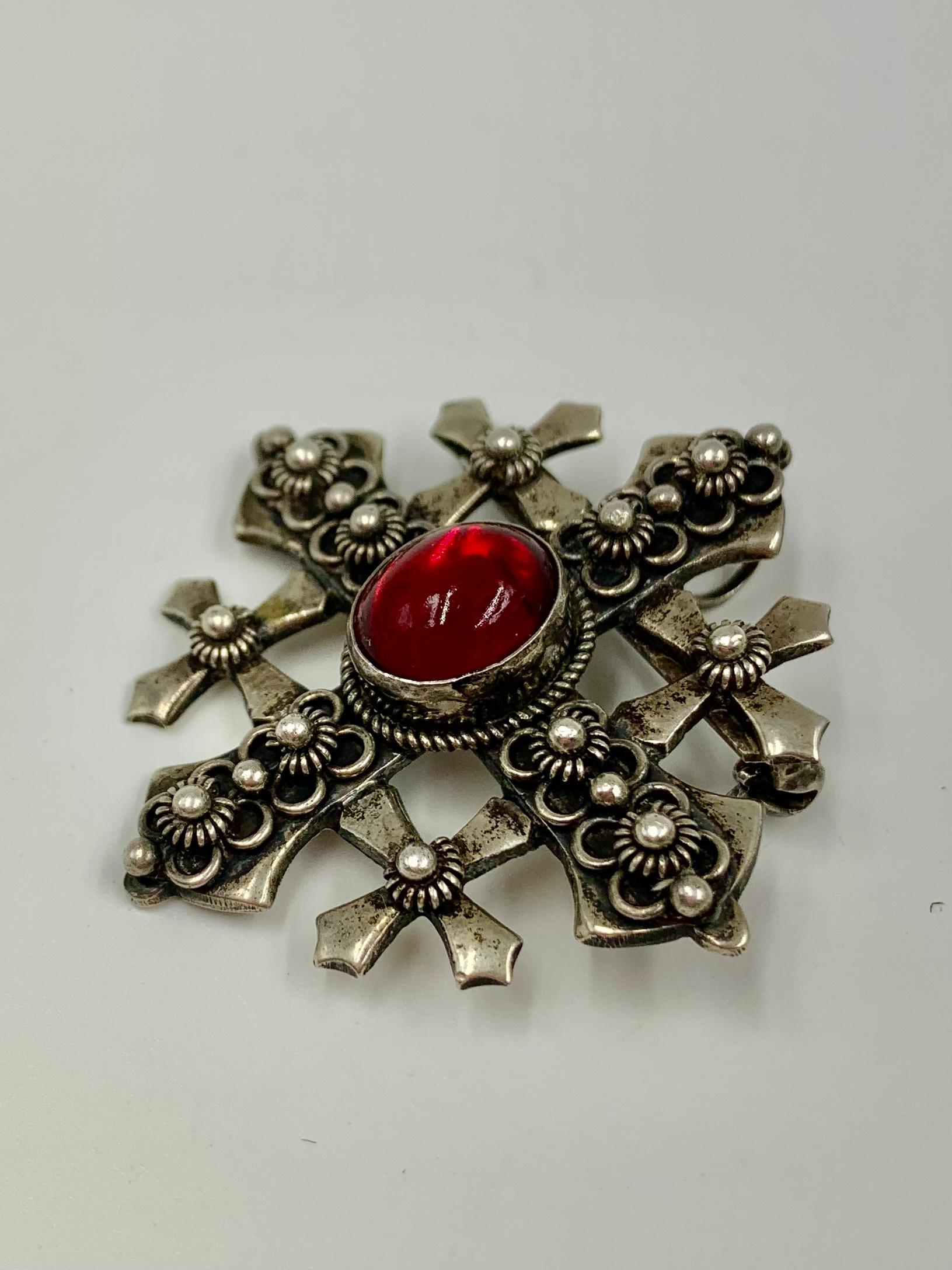 Antique Byzantine Style Substantial Silver Five Fold Cross Pendant Brooch 1