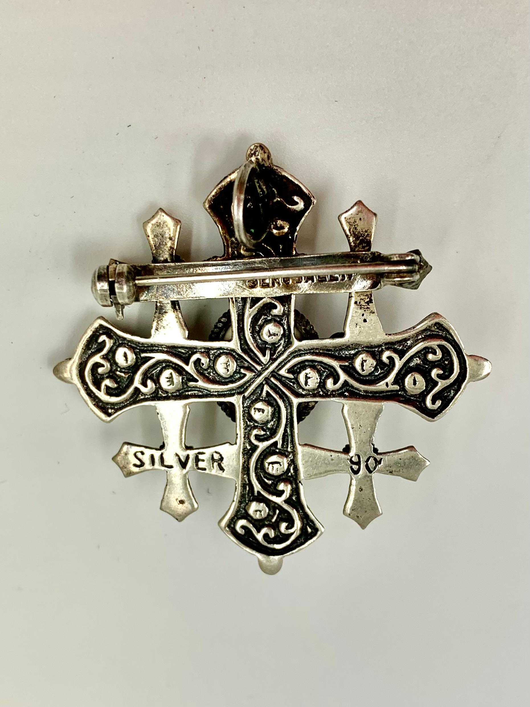 Antique Byzantine Style Substantial Silver Five Fold Cross Pendant Brooch 3