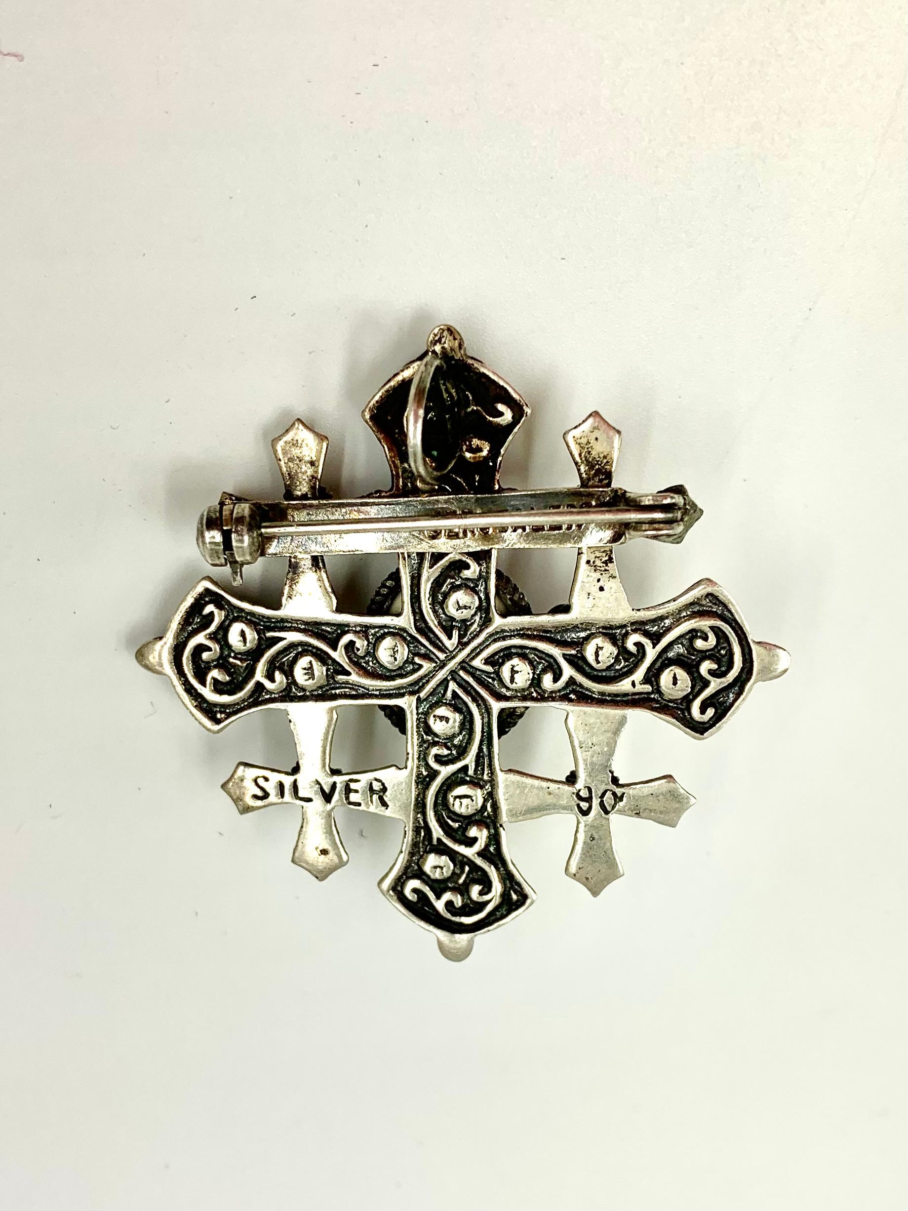 Antique Byzantine Style Substantial Silver Five Fold Cross Pendant Brooch 4